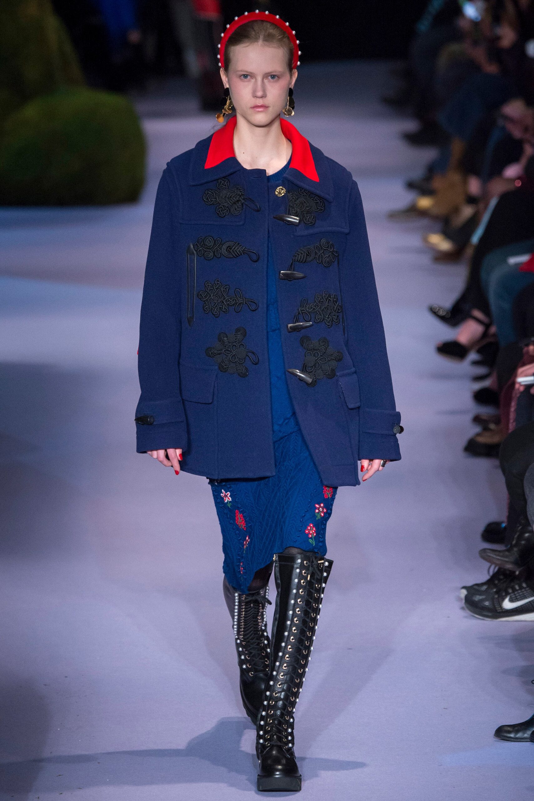 blue wool long-sleeve collared relaxed embroidered coat