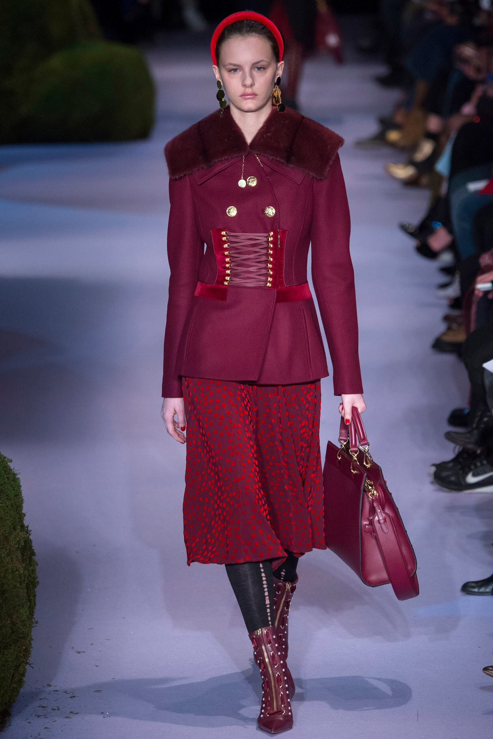 red wool jacket with pleated skirt