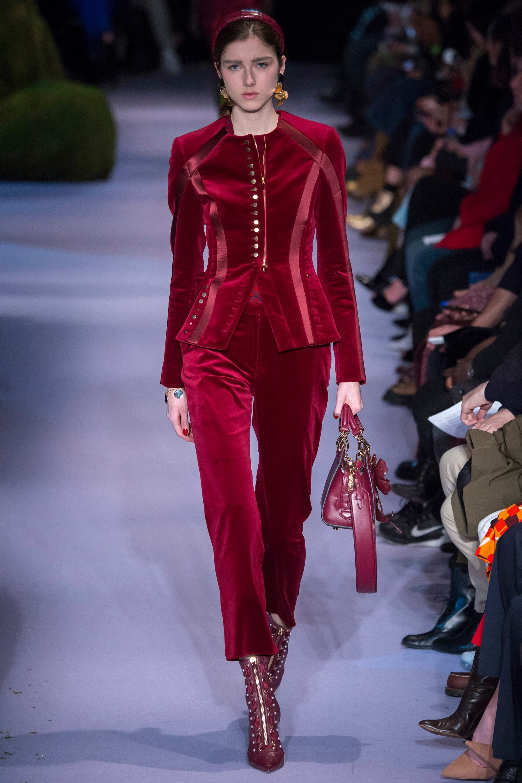 red velvet slim straight-leg pants