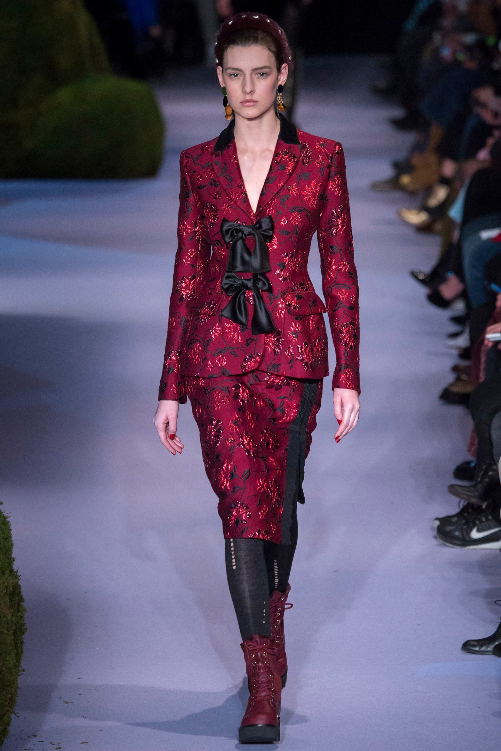 red silk long-sleeve collared fitted embroidered buttoned suit