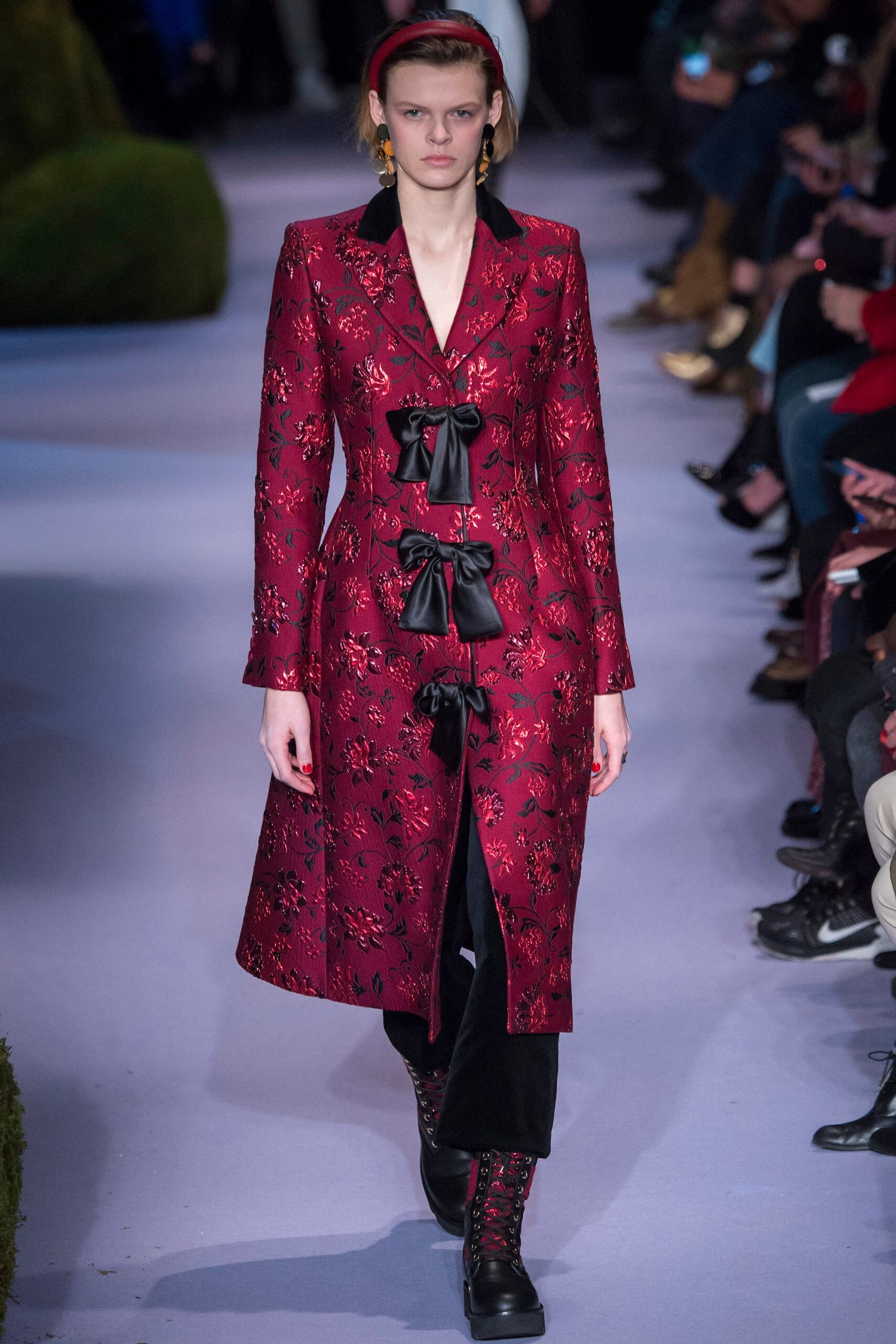 red silk long-sleeve collared fitted embroidered belted coat
