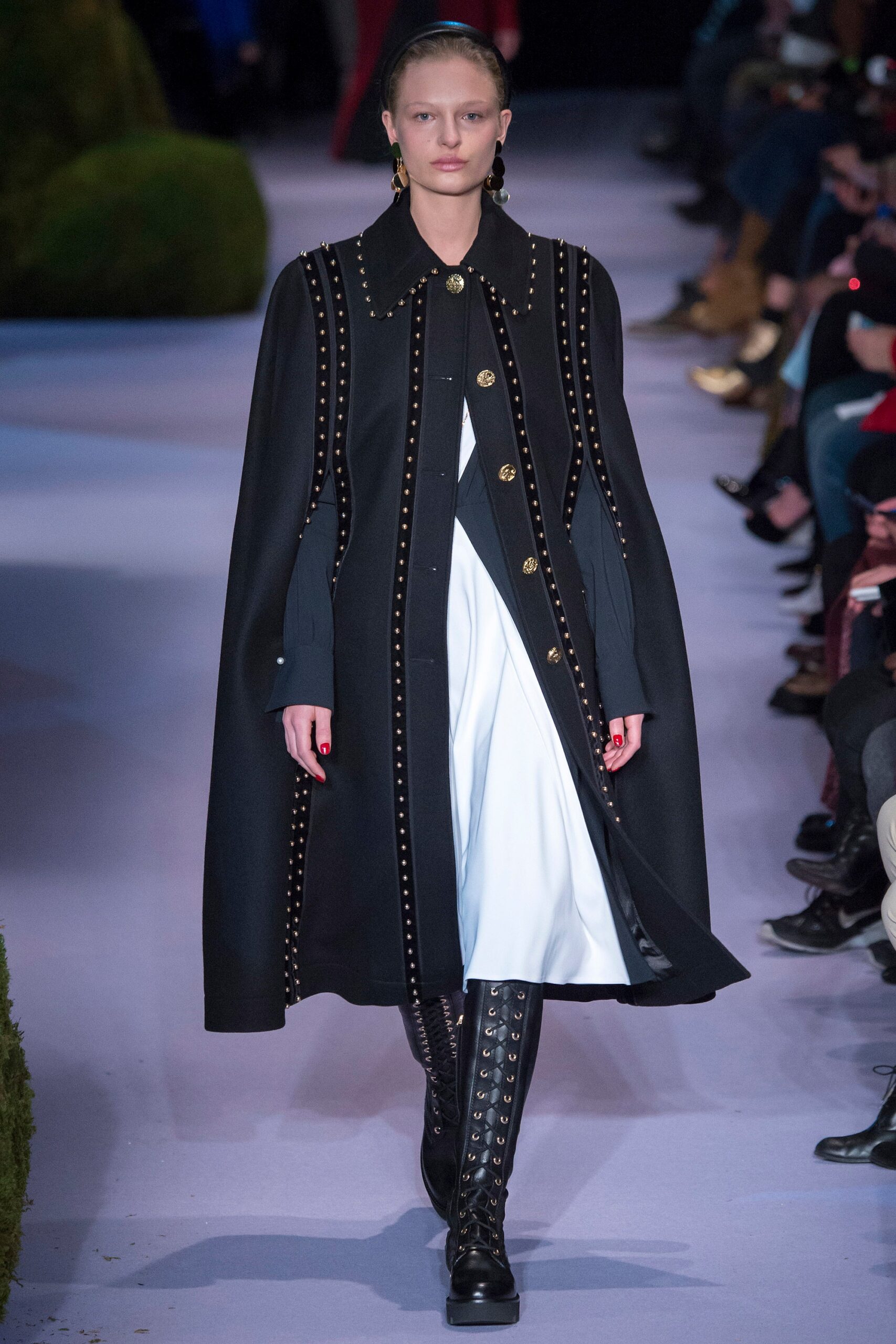 black wool long-sleeve collared structured buttoned embellished cape