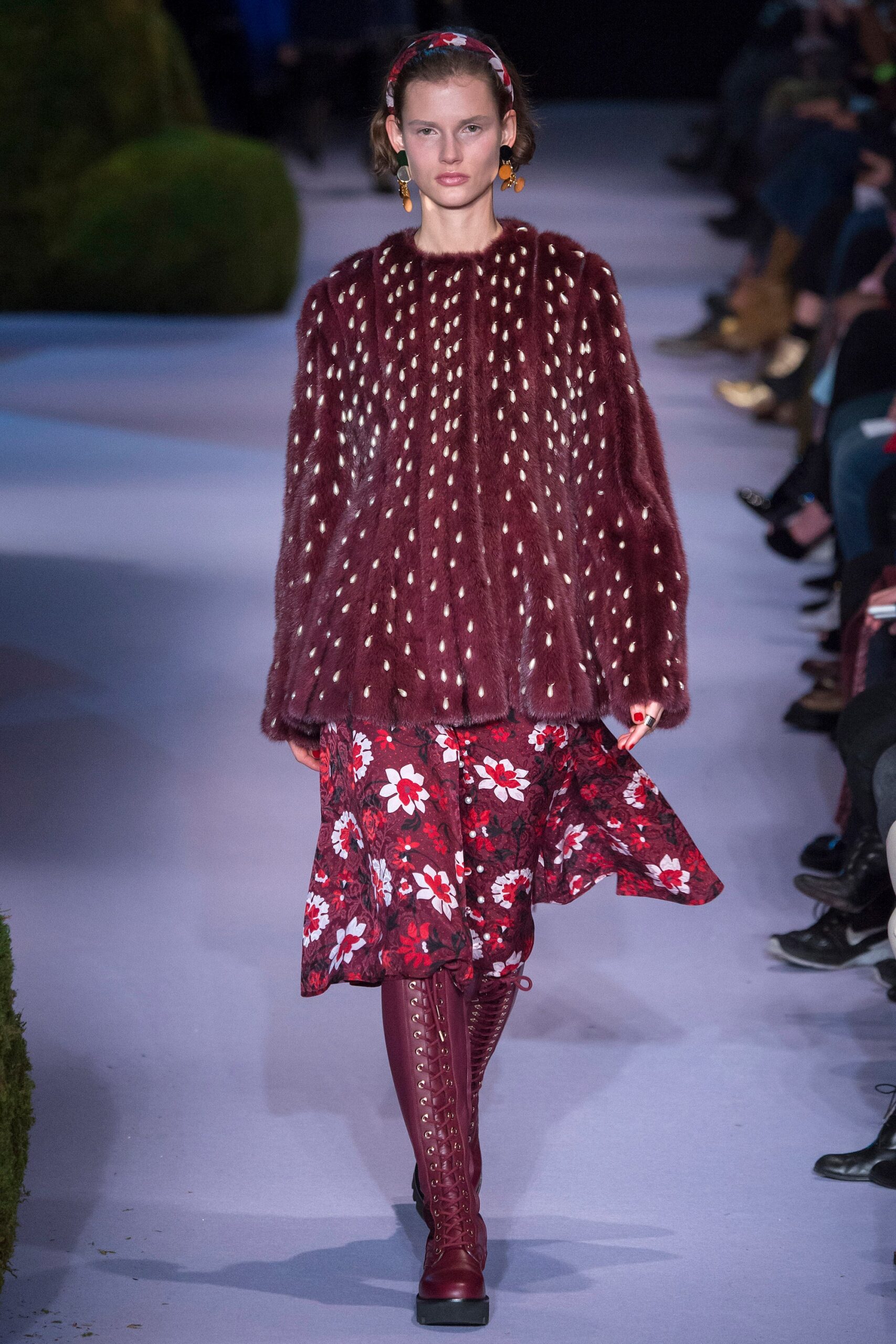 maroon faux-fur coat with flared skirt