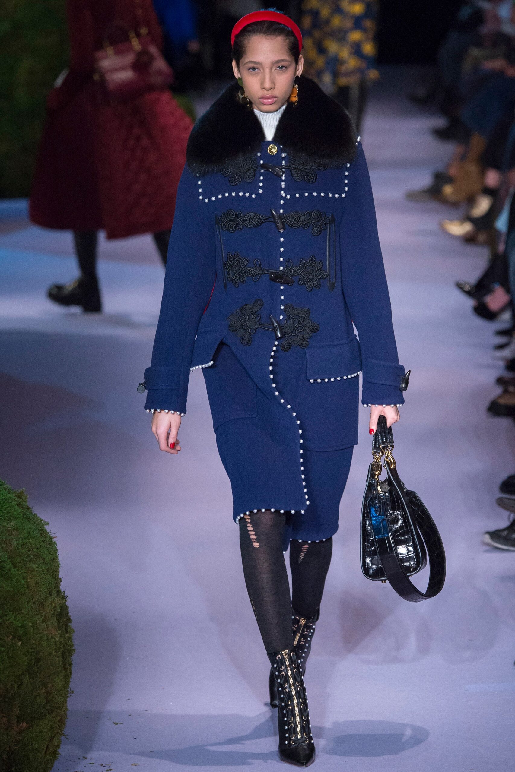blue wool long-sleeve collared fitted buttoned embroidered coat