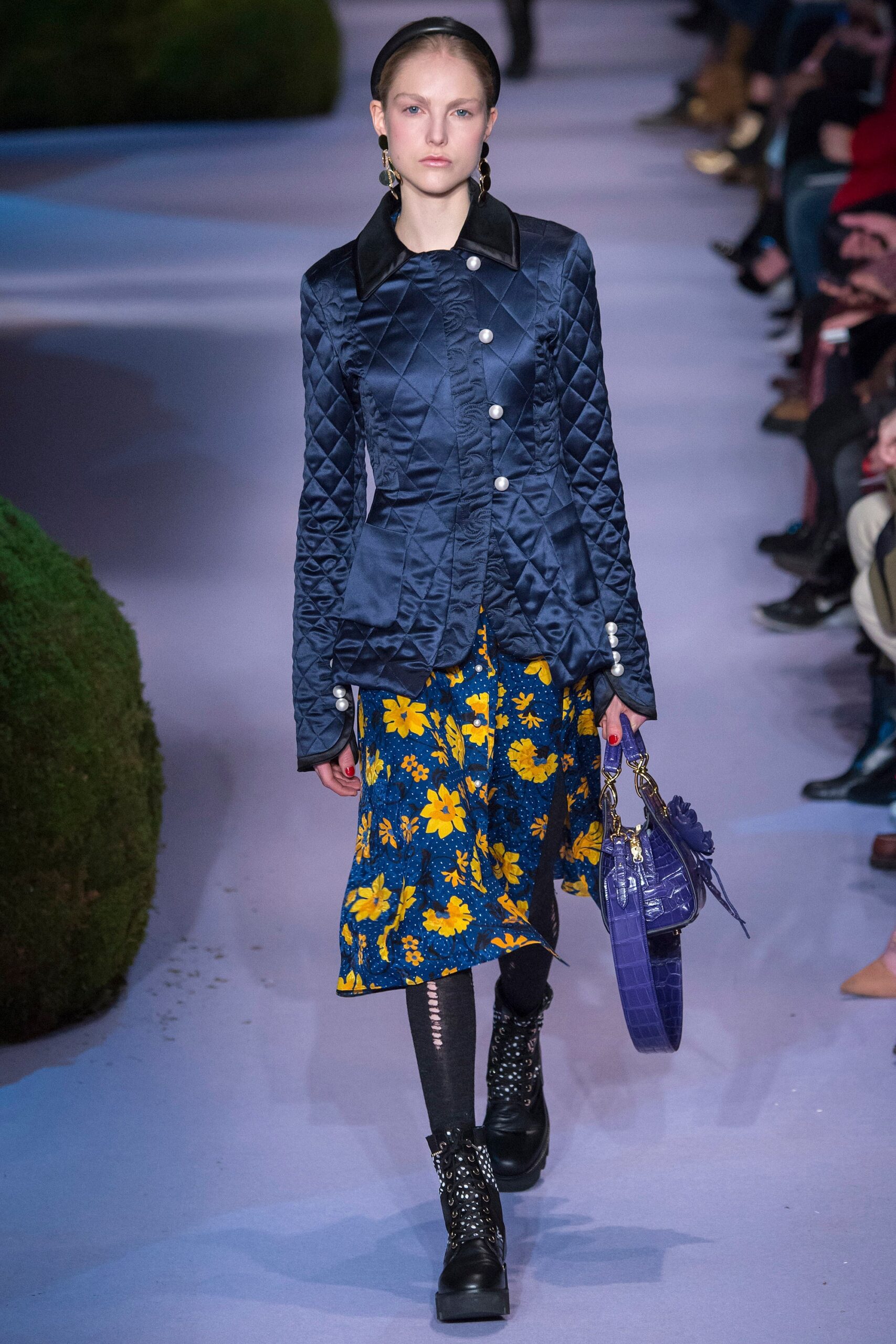 blue silk long-sleeve collared fitted quilted buttoned jacket