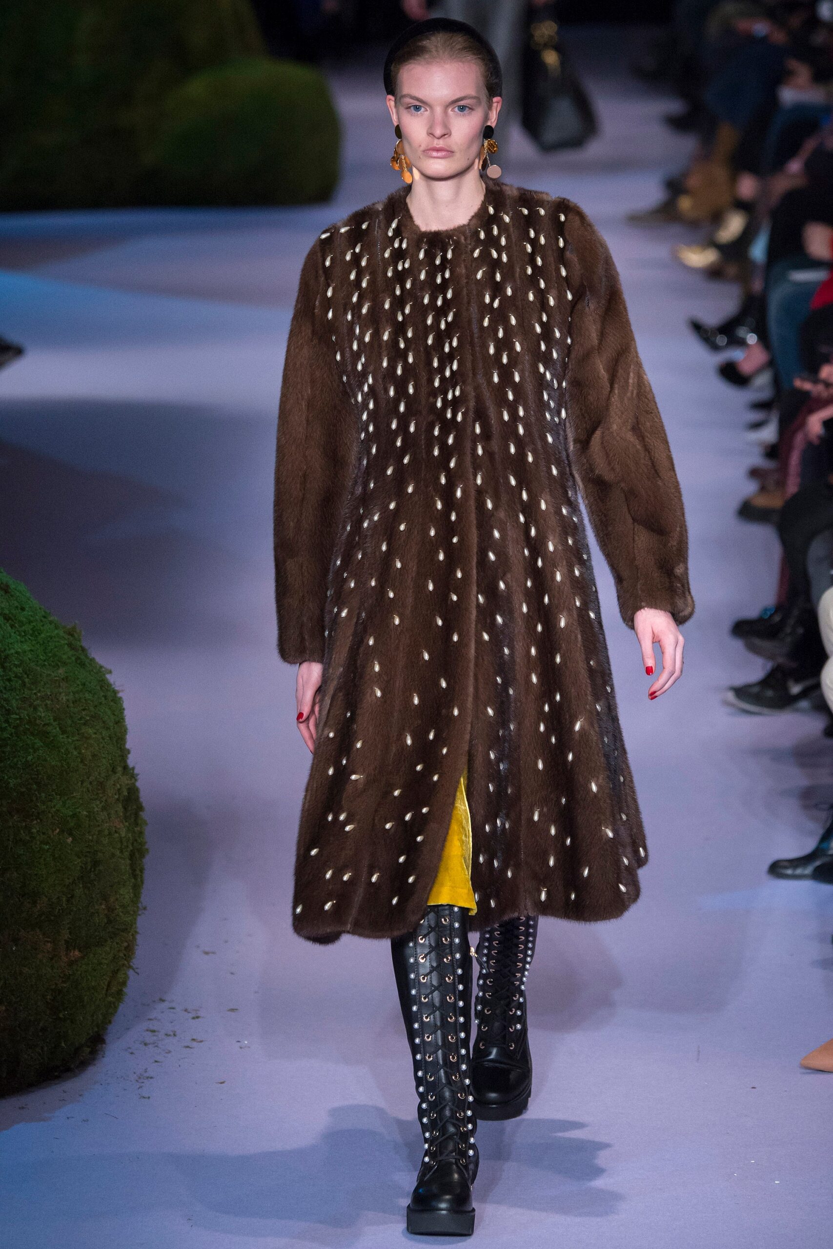 brown fur long-sleeve relaxed beaded midi coat