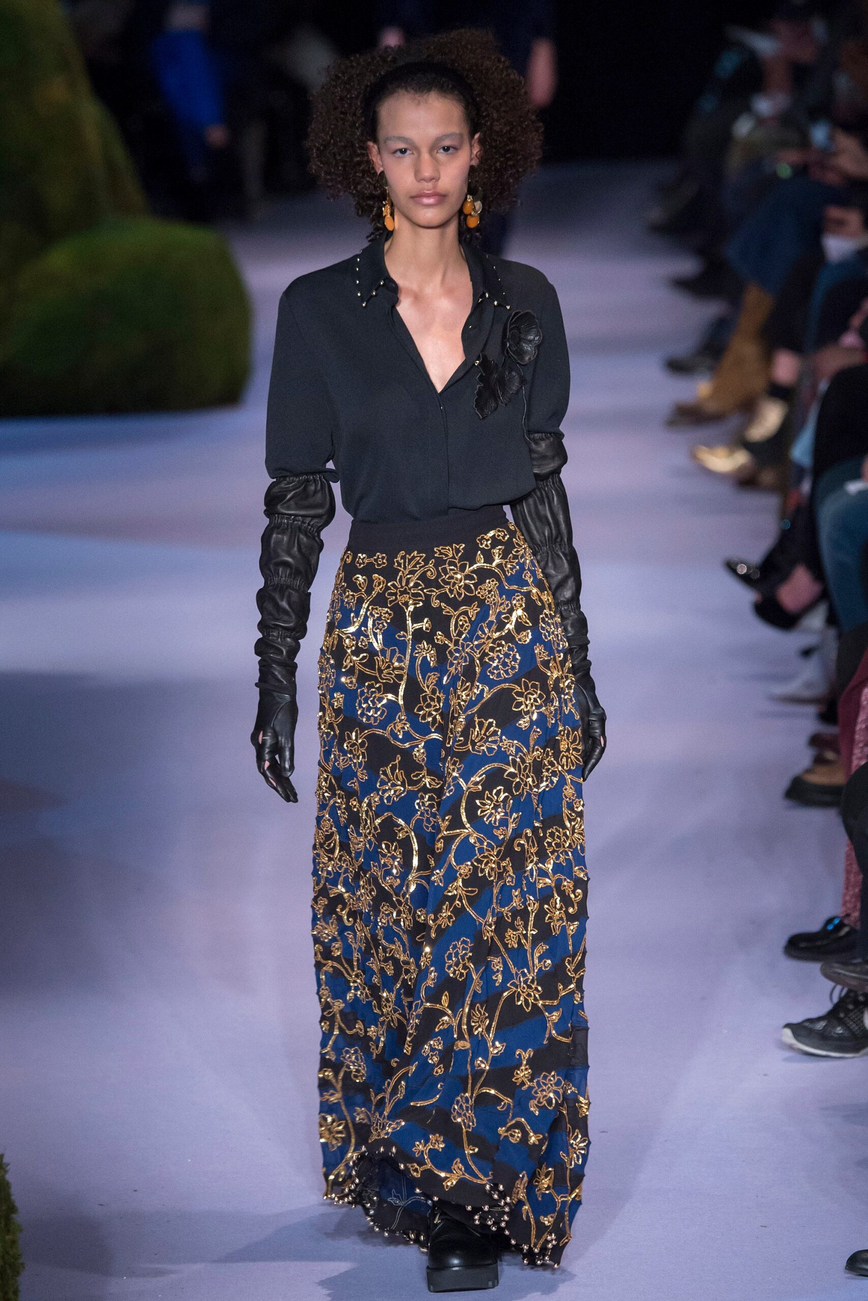 blue silk fitted flared embroidered maxi skirt