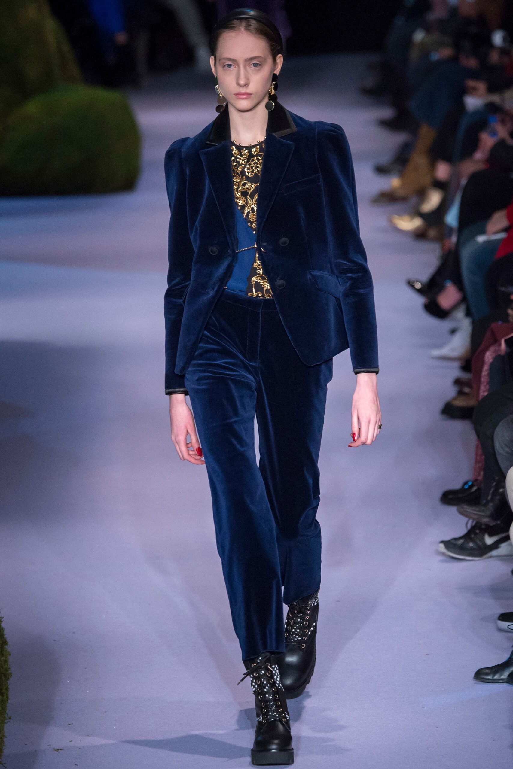 blue velvet long-sleeve collared tailored buttoned suit