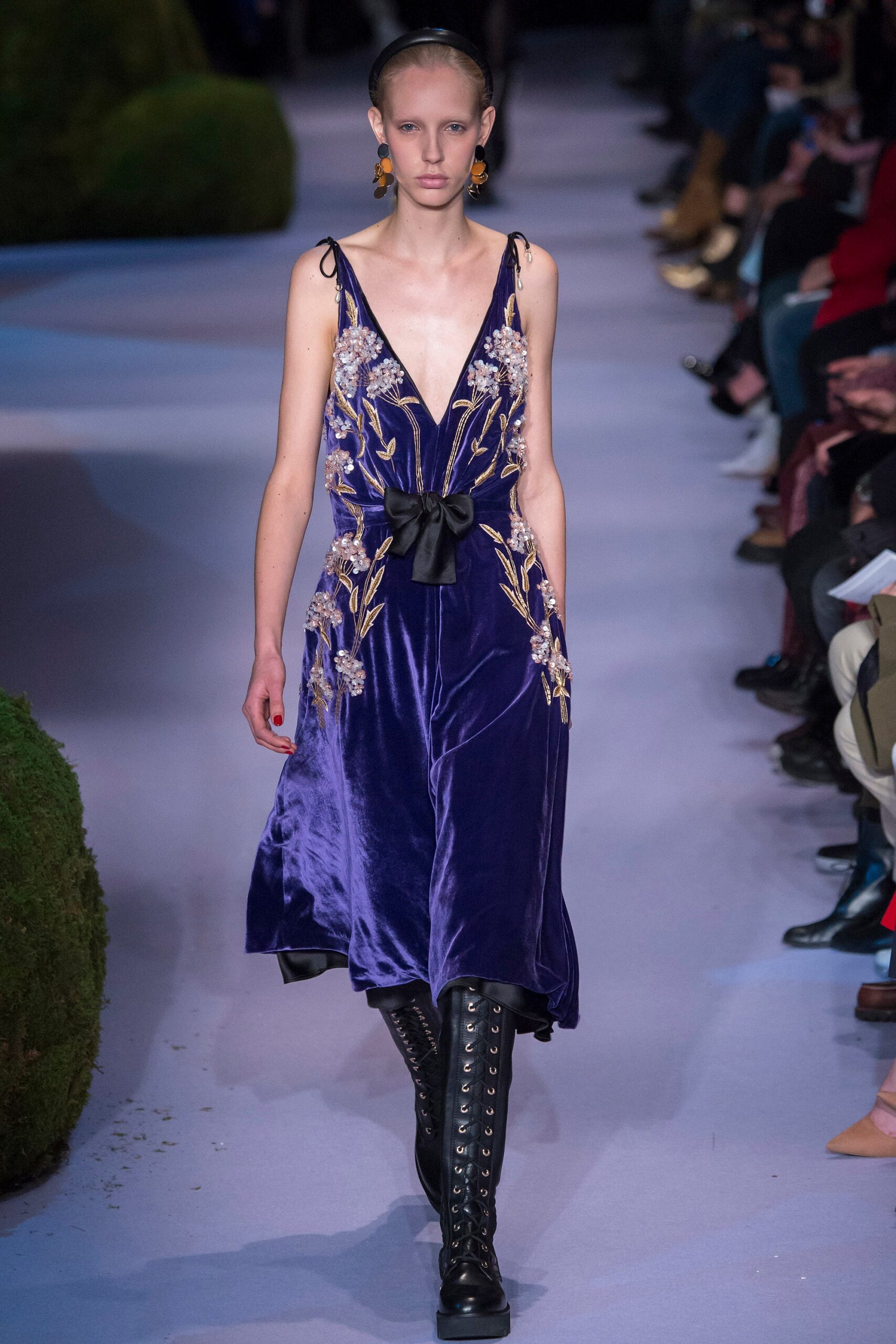 purple velvet sleeveless v-neck fitted embroidered a-line dress