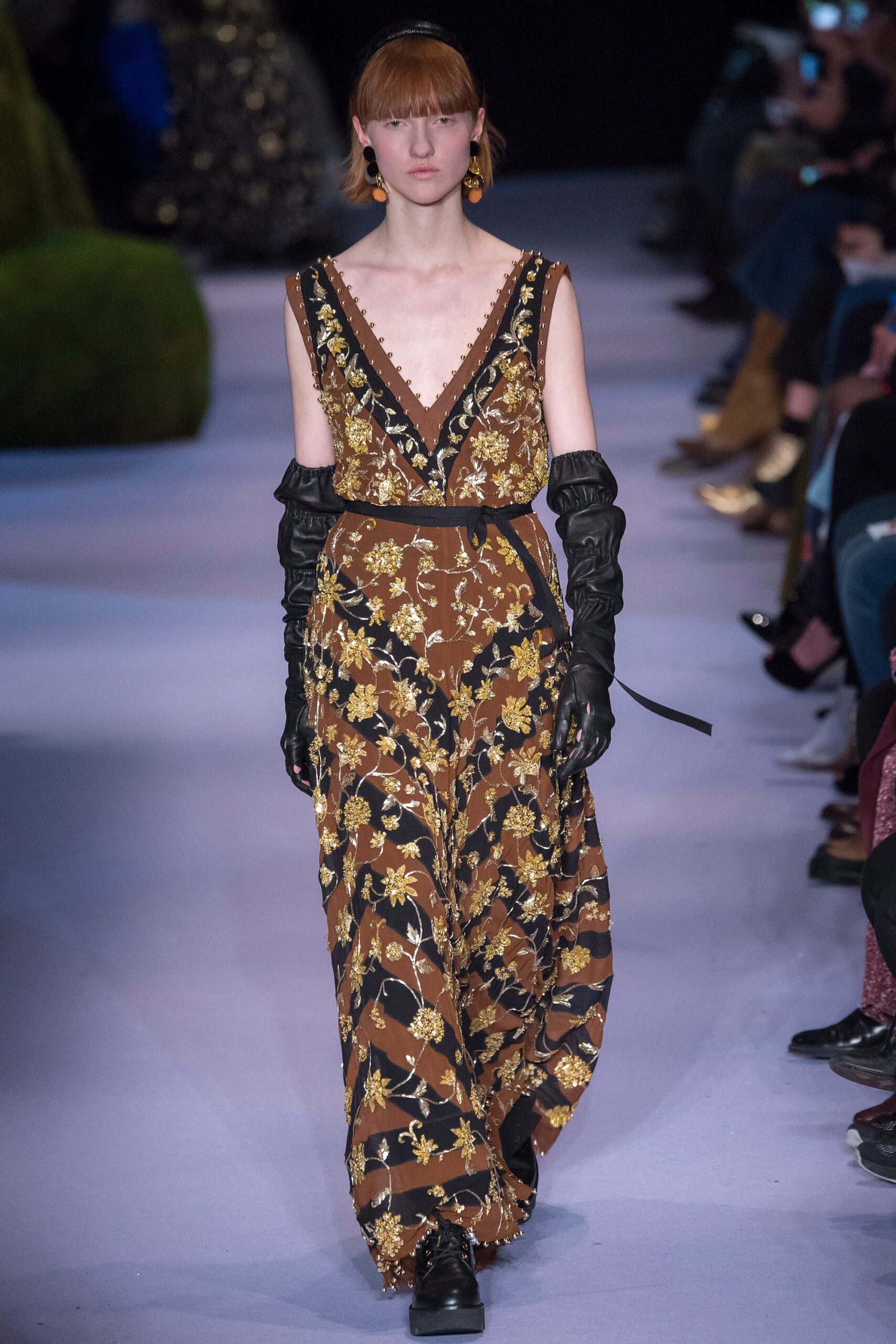 brown silk sleeveless v-neck fitted floral tiered dress