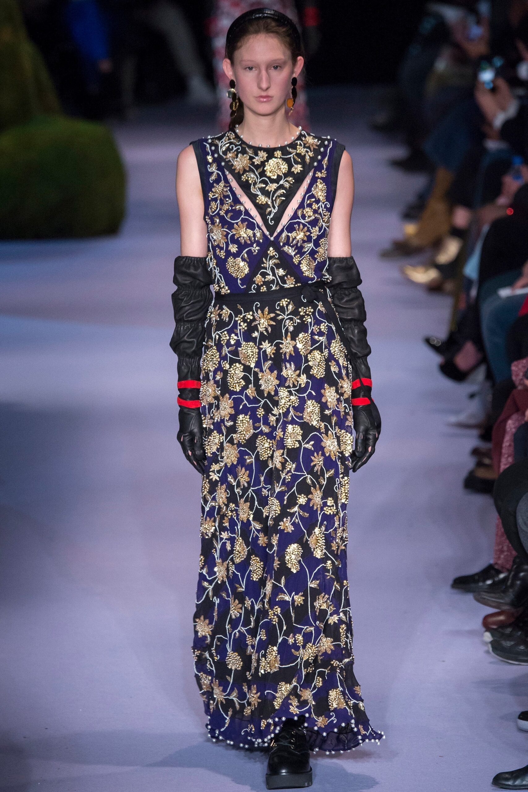 purple silk sleeveless v-neck fitted embroidered maxi gown
