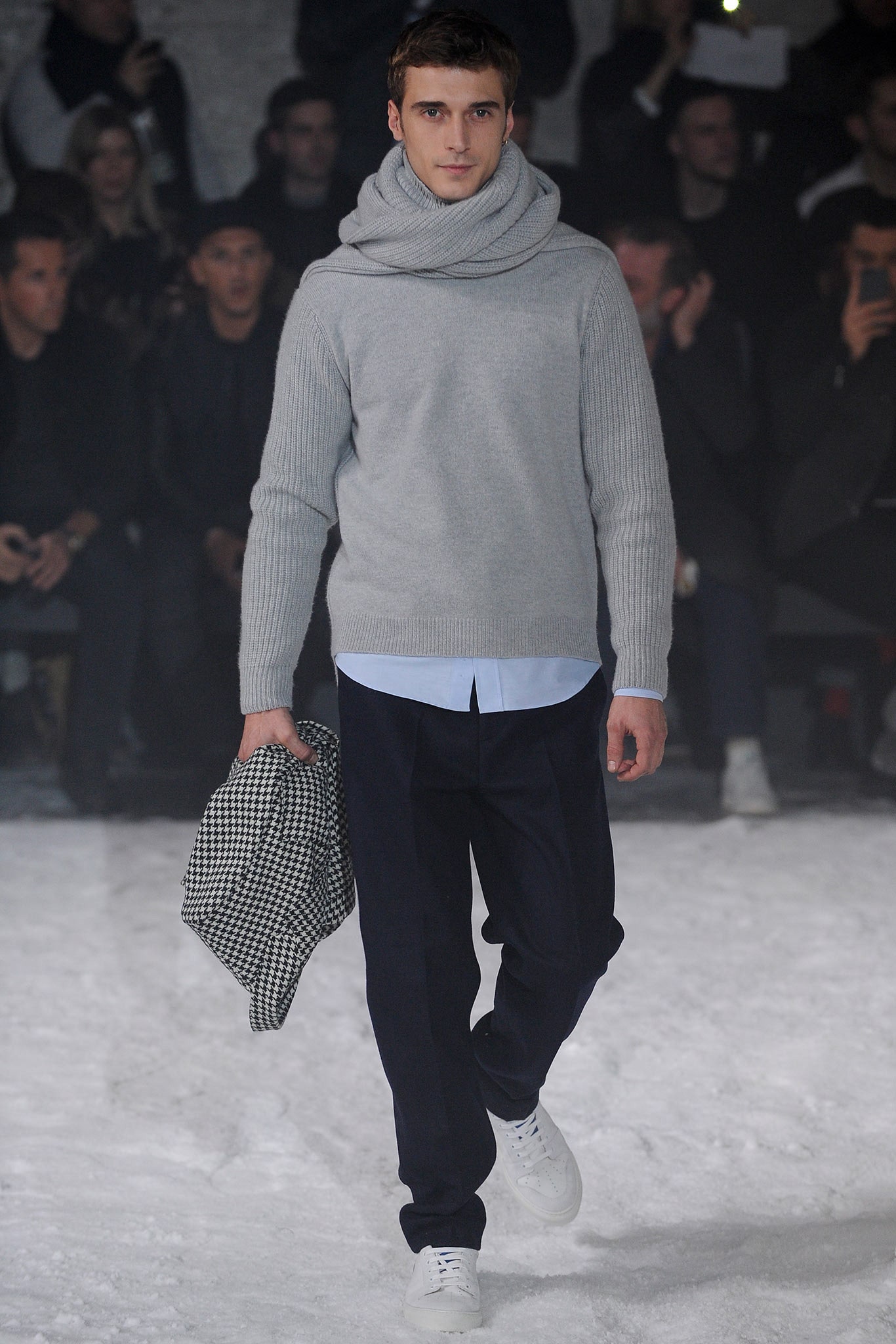 gray wool sweater with white shirt