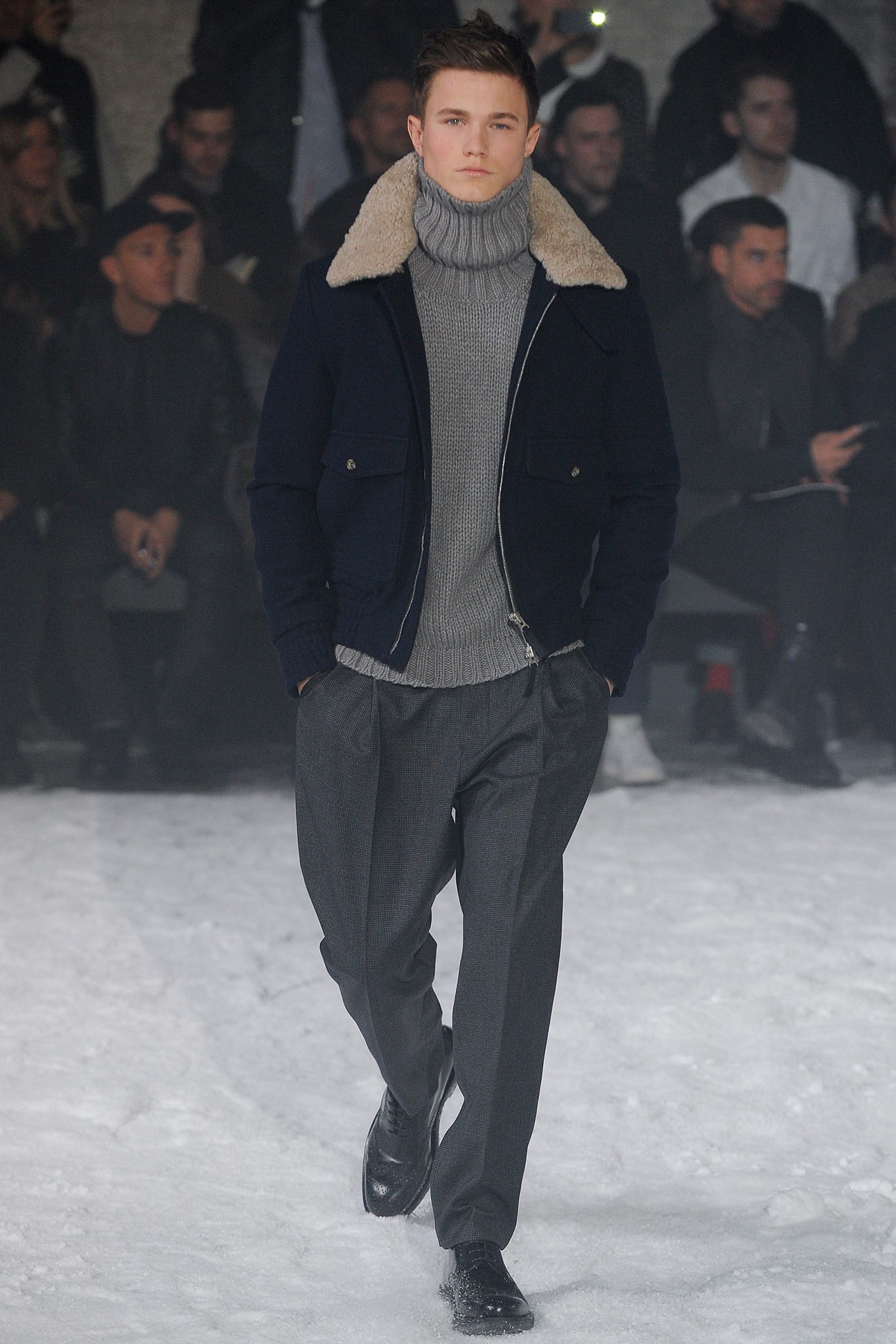 navy jacket gray sweater pants