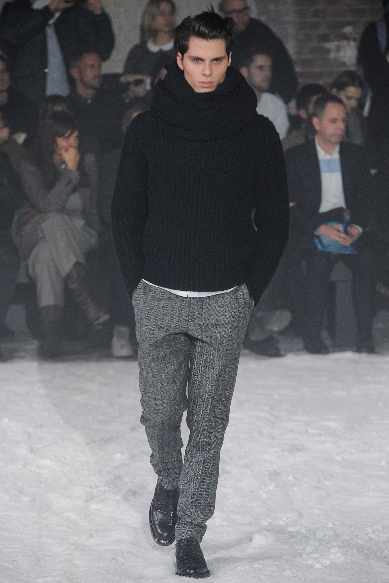 black wool sweater with gray pants