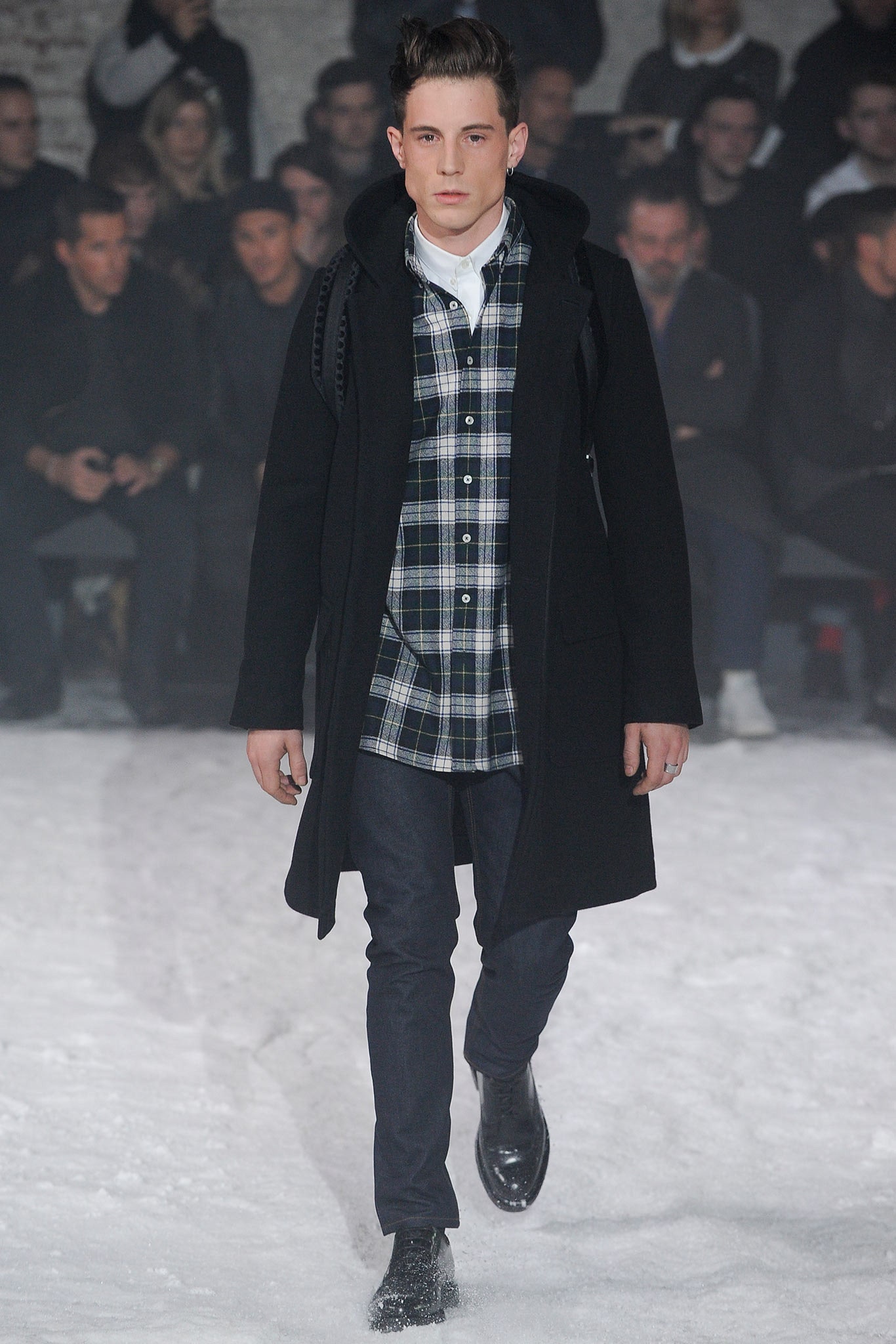 black wool coat with checked shirt