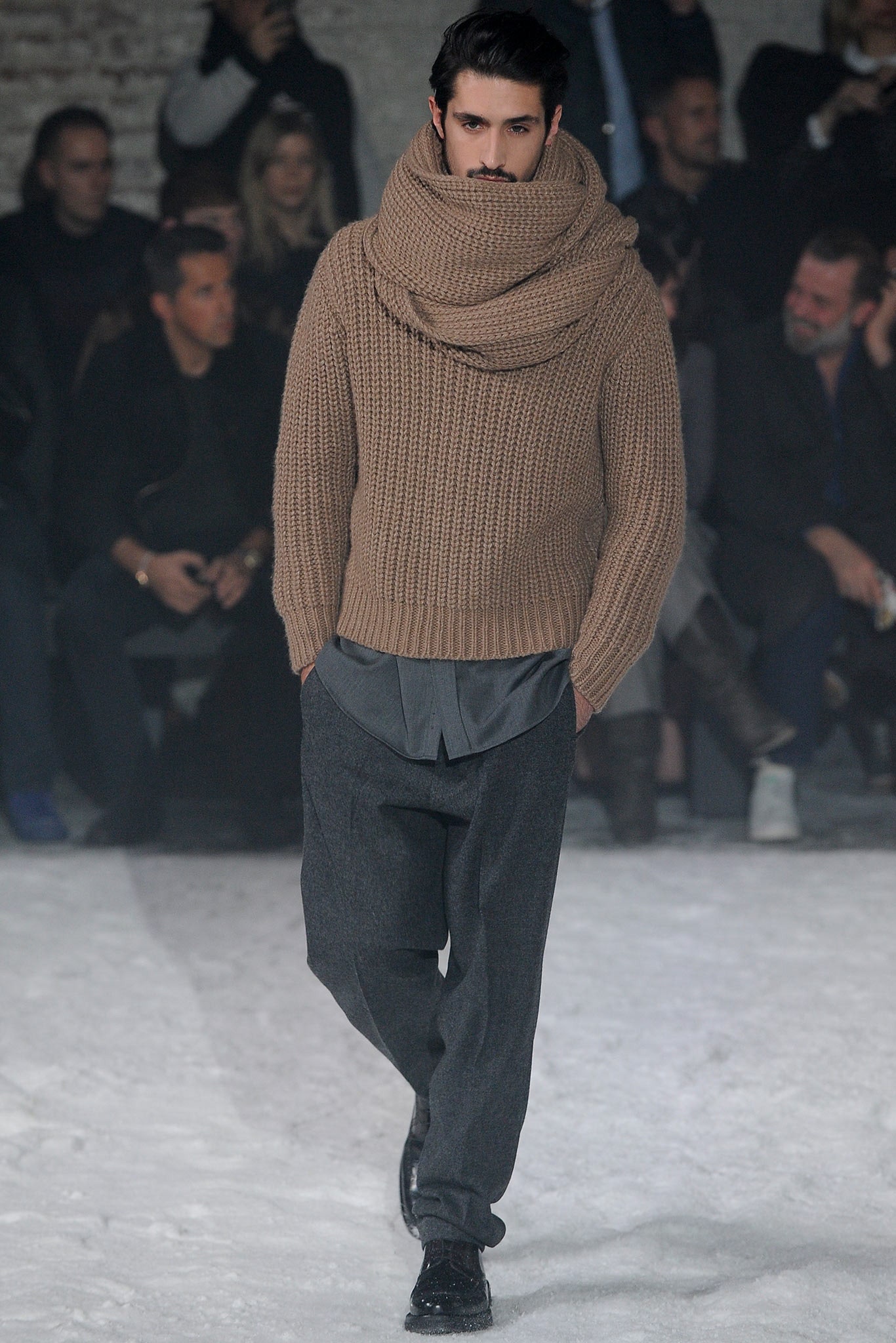 brown knitted sweater with gray pants