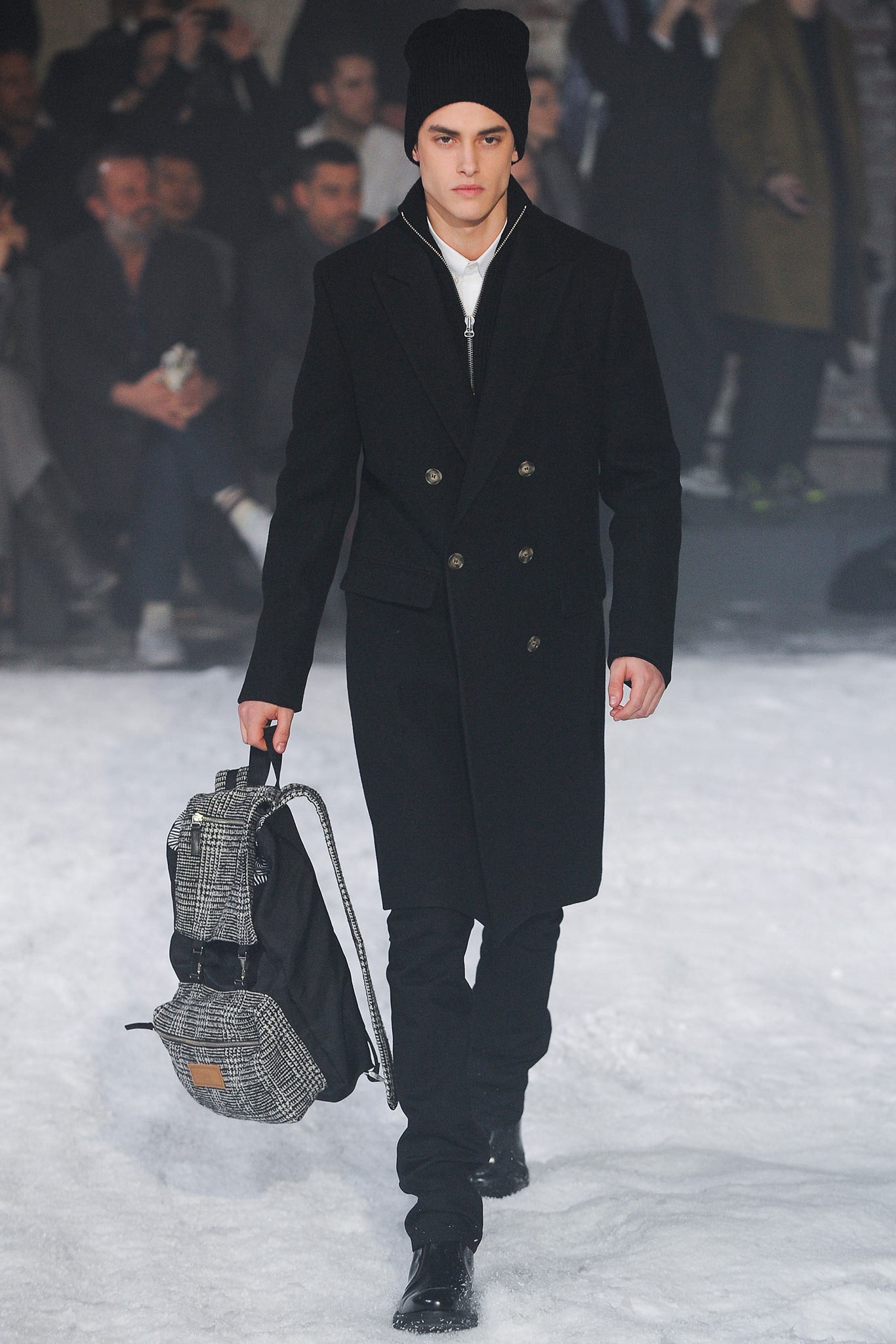 black tailored coat with slim pants