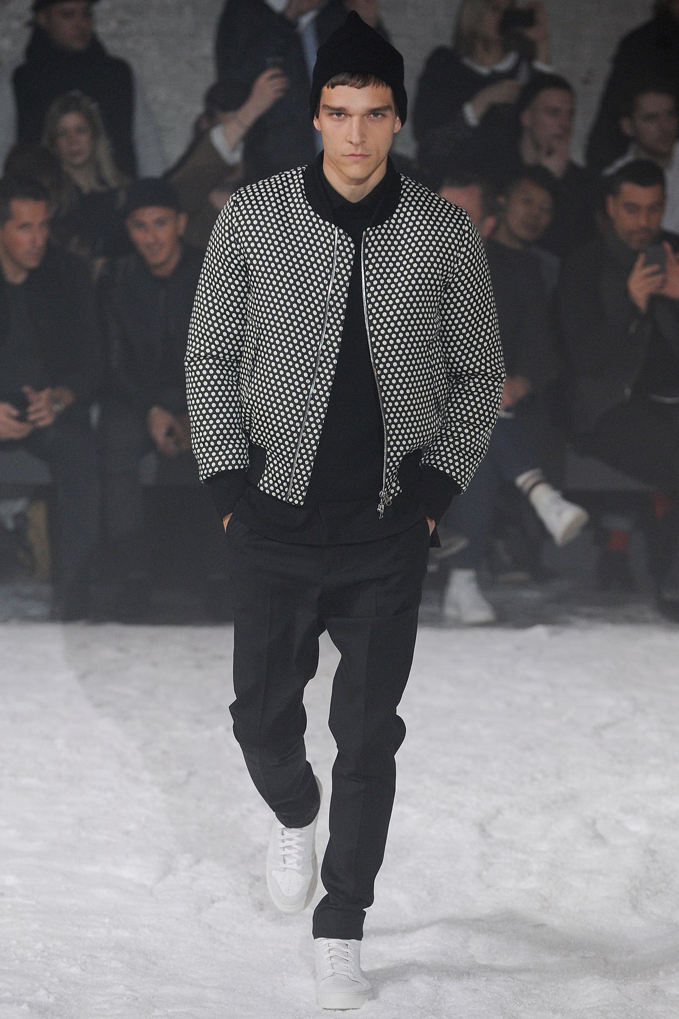 black and white fitted jacket with relaxed pants