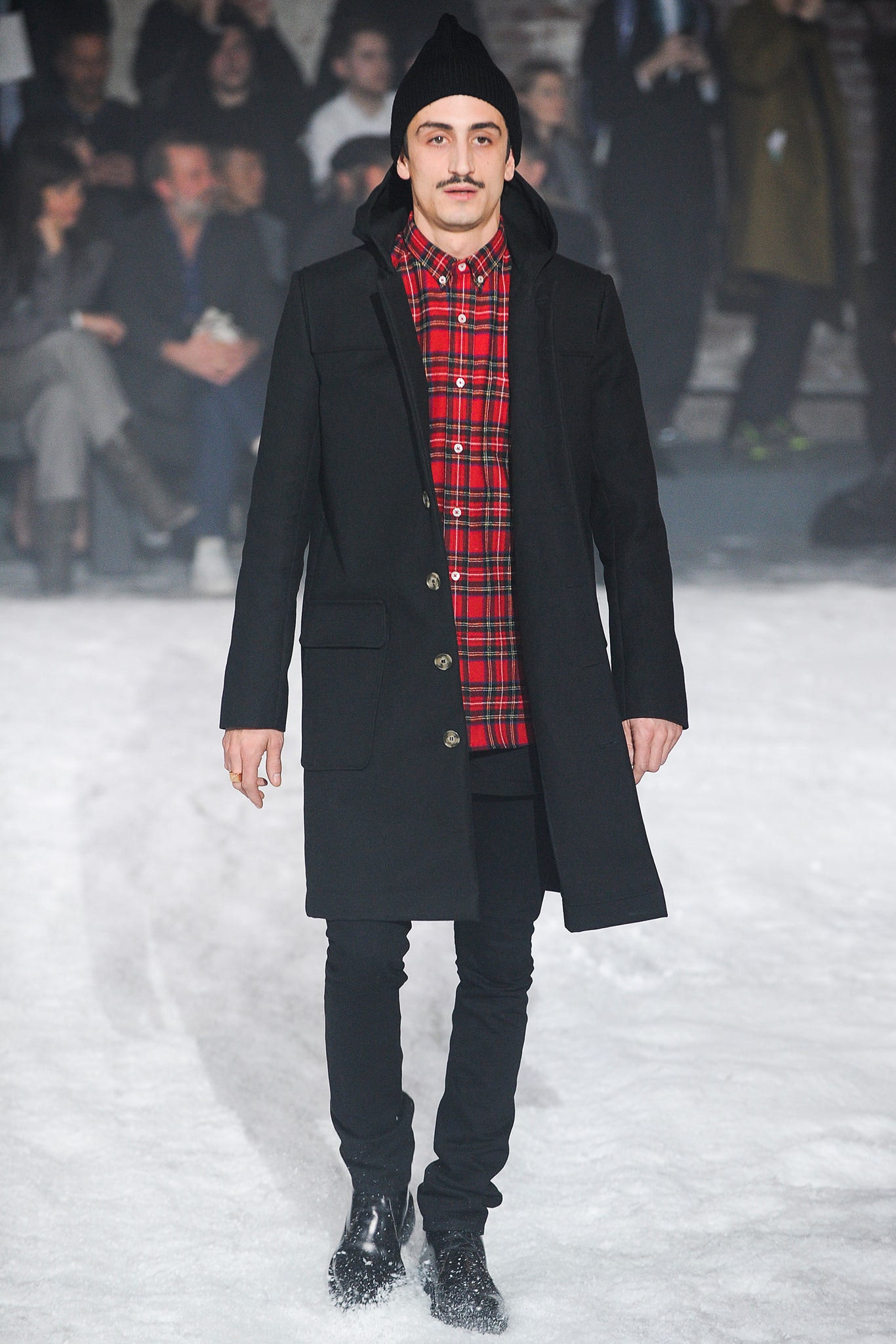 black coat with checked shirt