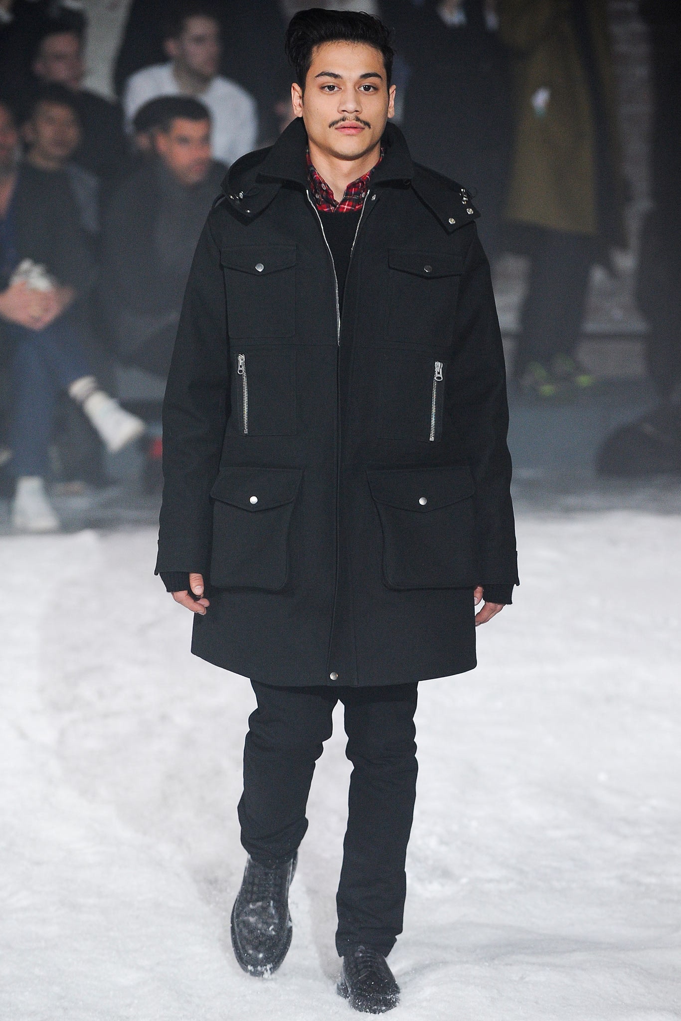 black wool coat with slim pants