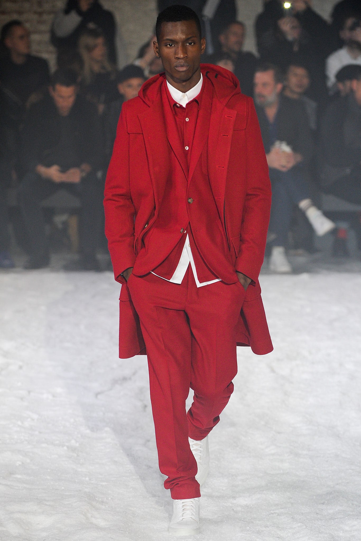 red tailored suit with white shirt