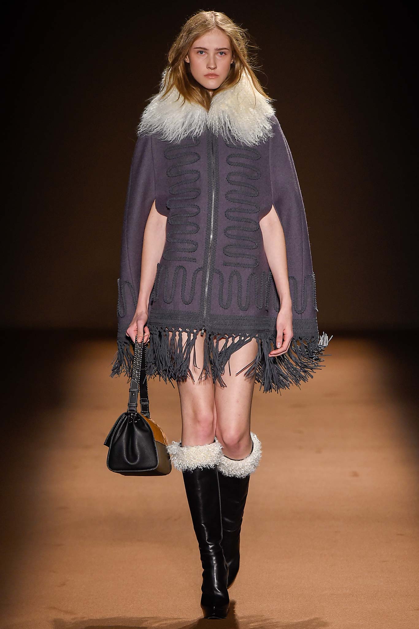 gray wool sleeveless relaxed fringed cape