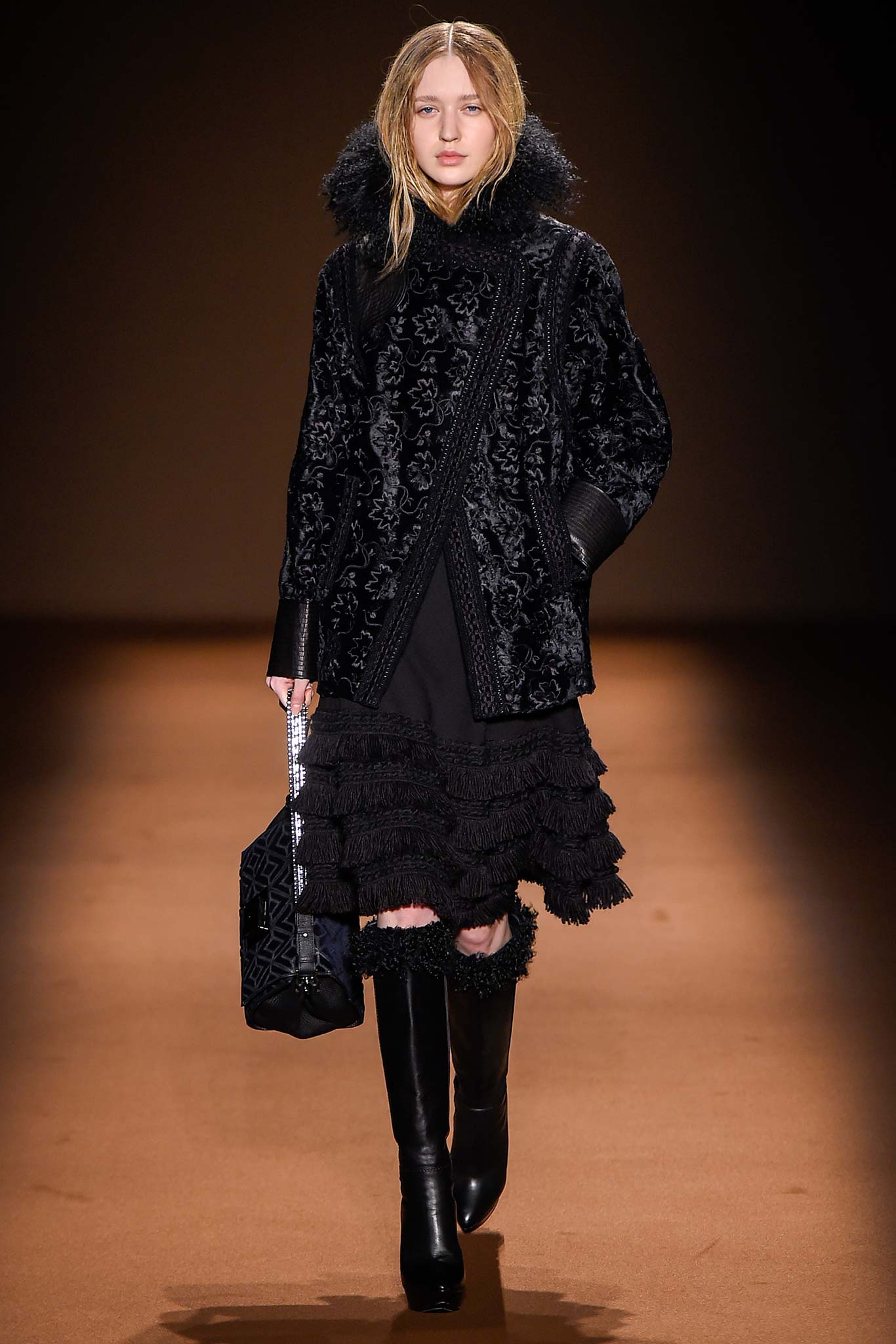 black velvet long-sleeve collared fitted embroidered fringed coat