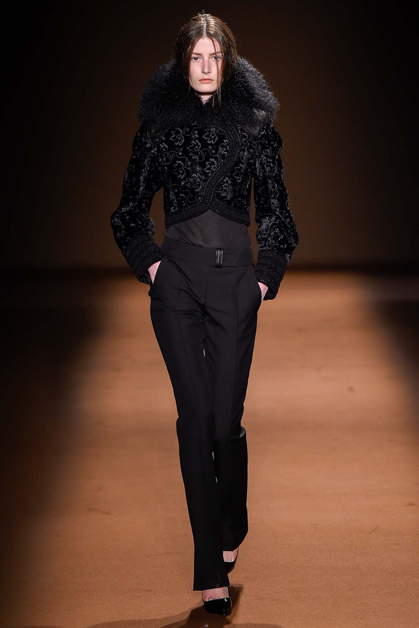 black velvet long-sleeve collared fitted embroidered jacket