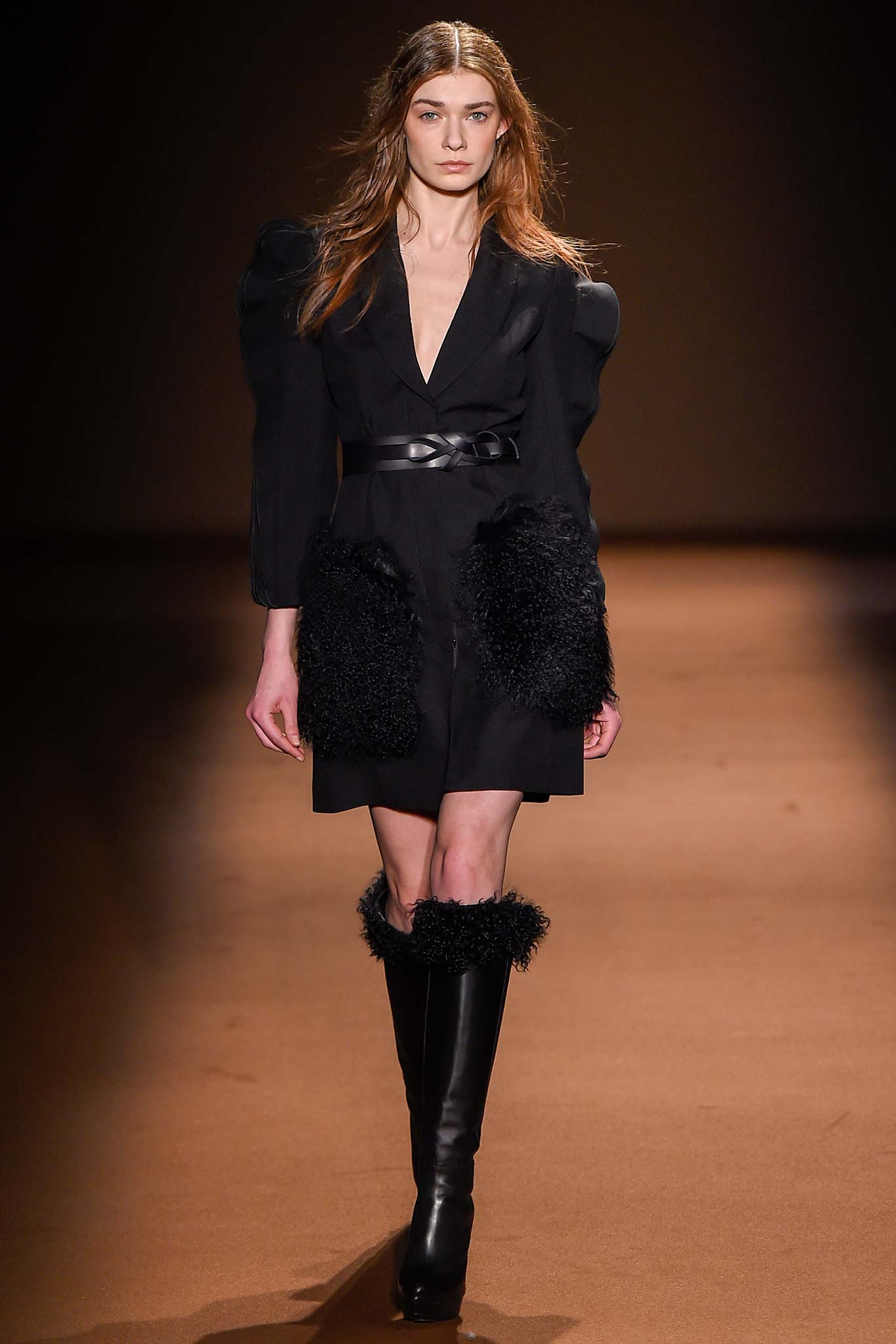 black wool long-sleeve v-neck fitted padded belted dress