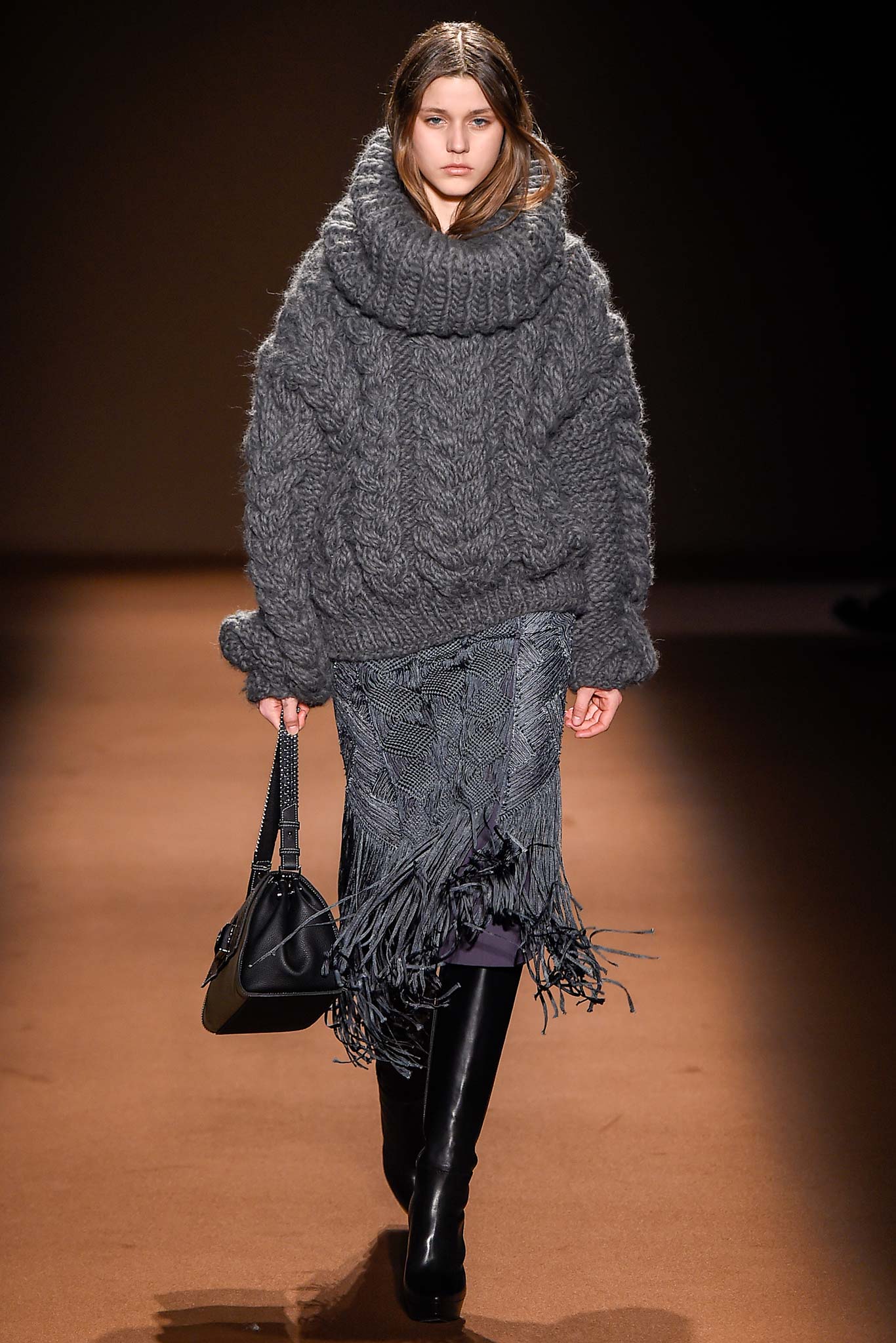 gray wool long-sleeve high-neck oversized textured sweater