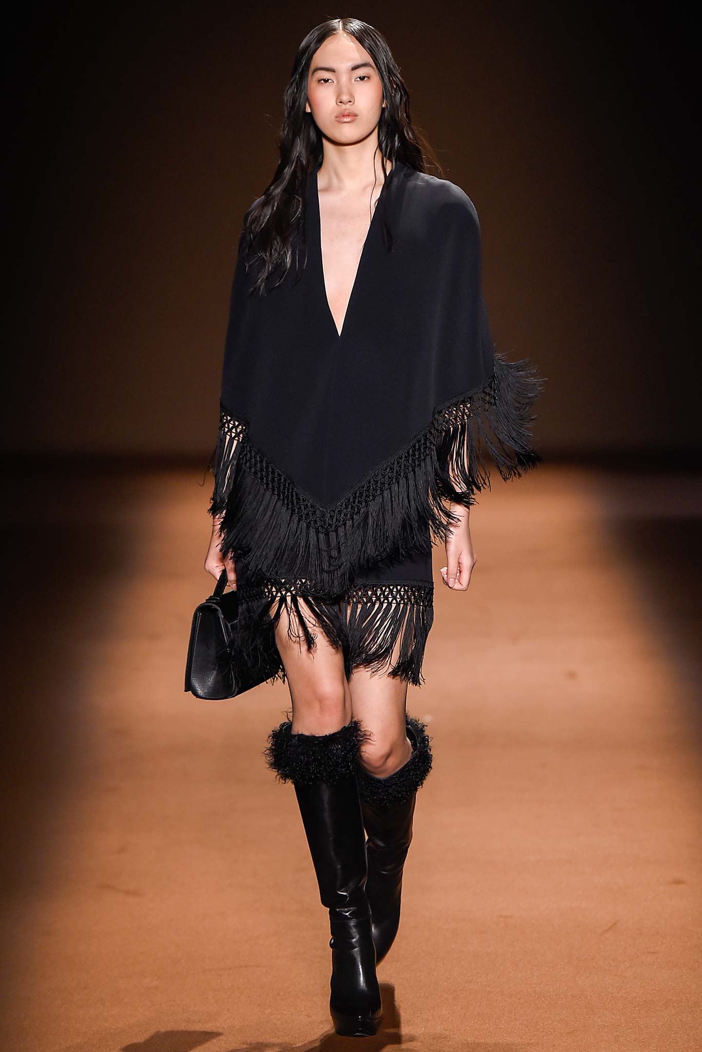 black wool sleeveless v-neck relaxed fringed short poncho