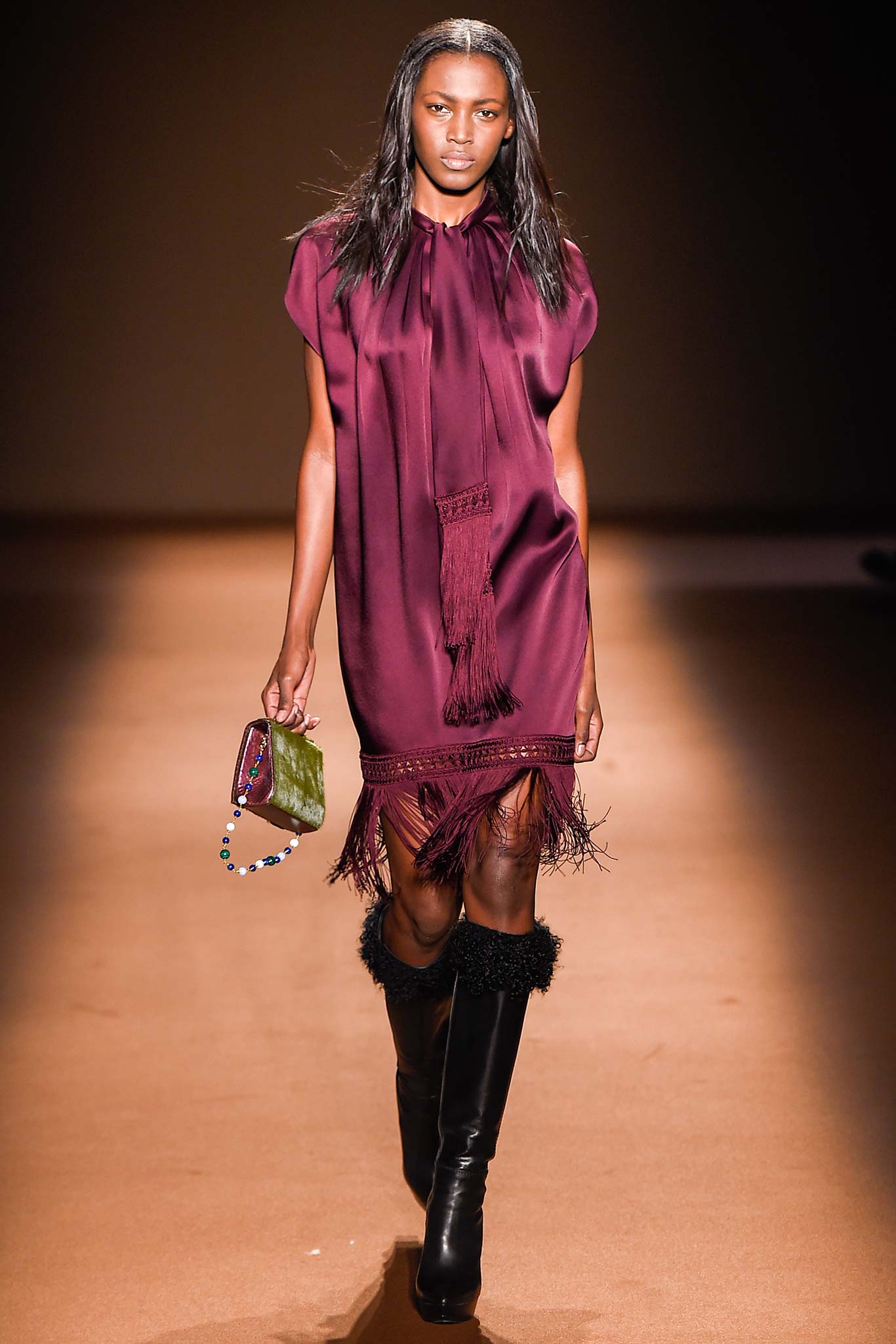 maroon silk sleeveless high-neck relaxed fringed short dress