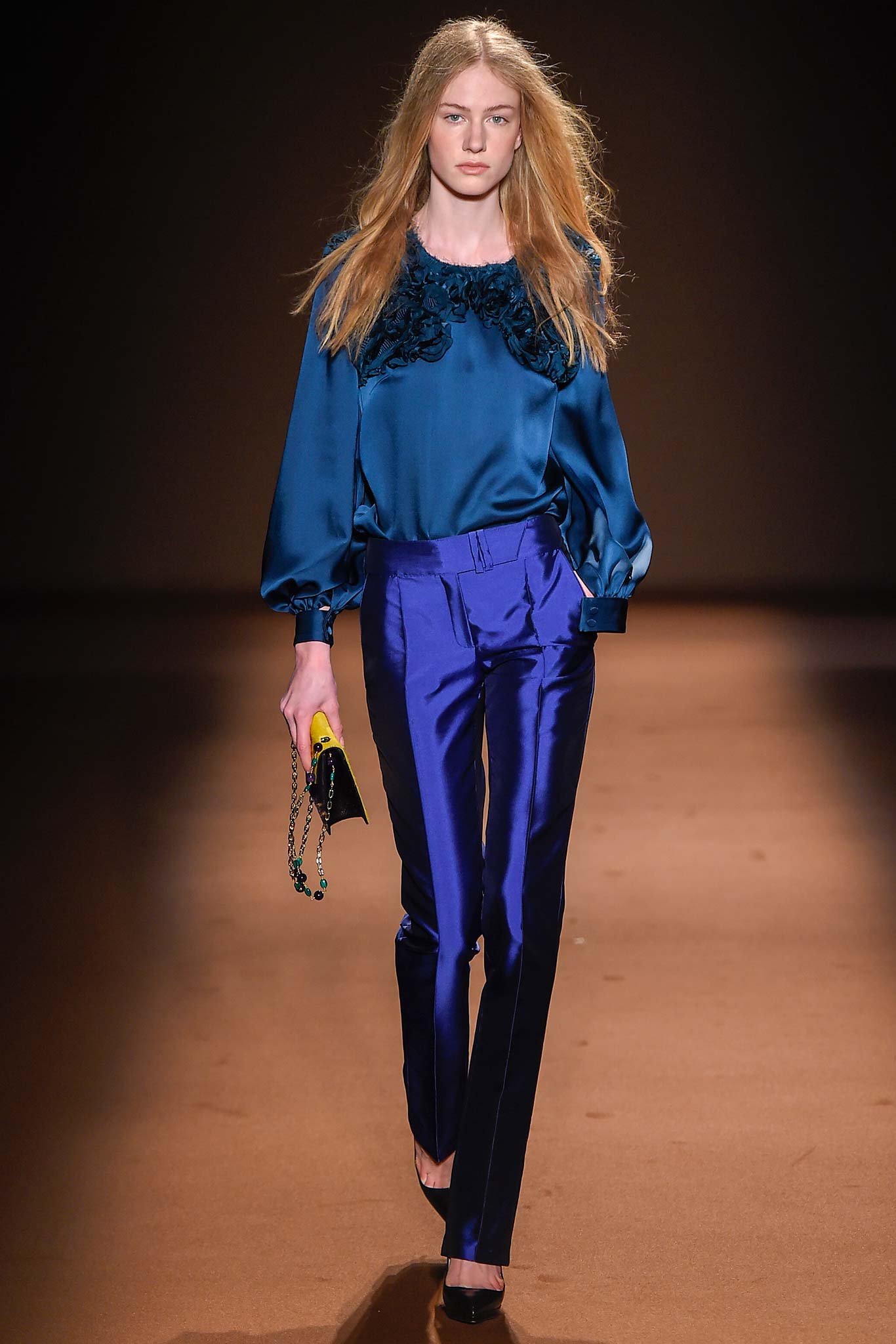 blue silk blouse with purple pants
