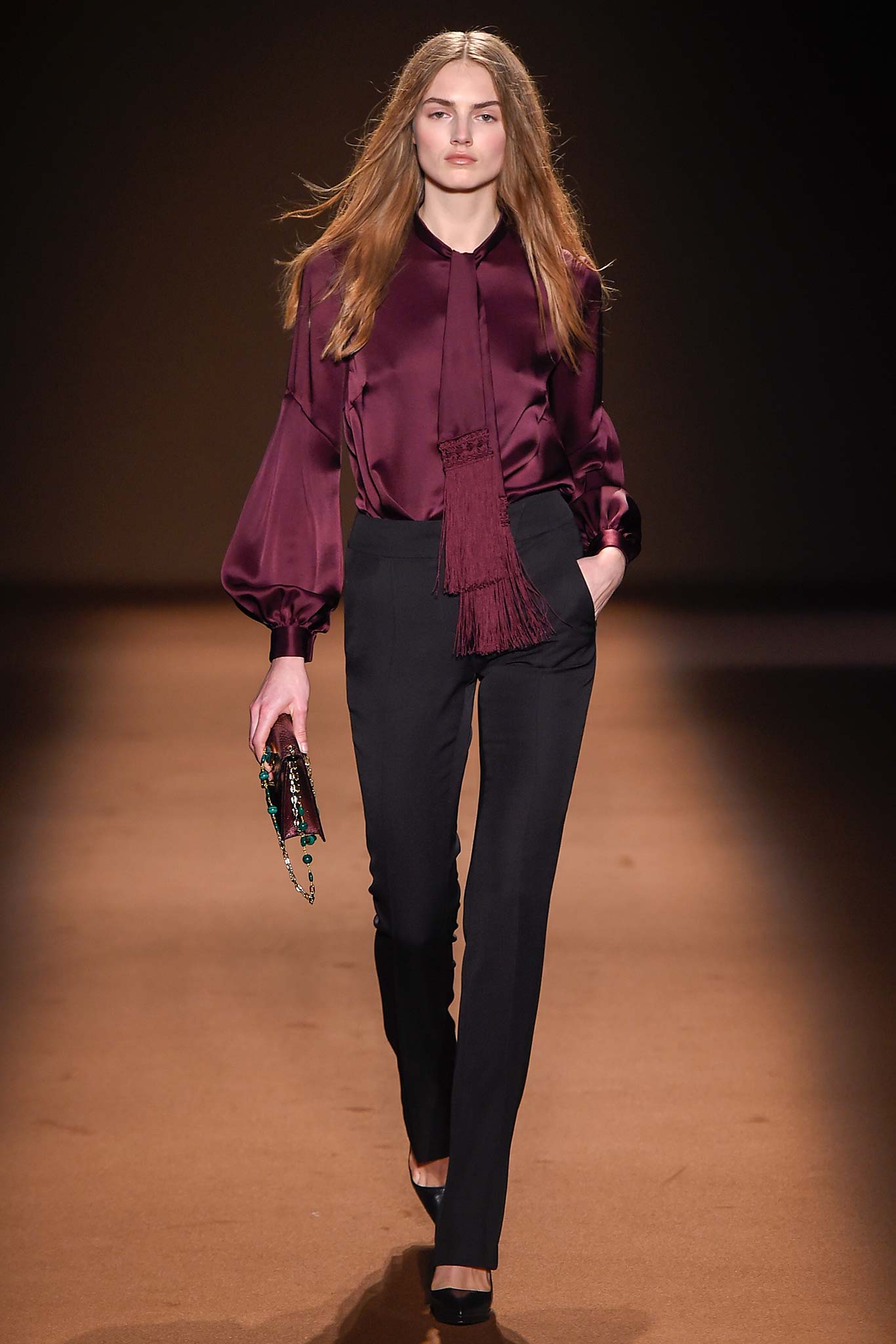 maroon silk blouse with tailored pants