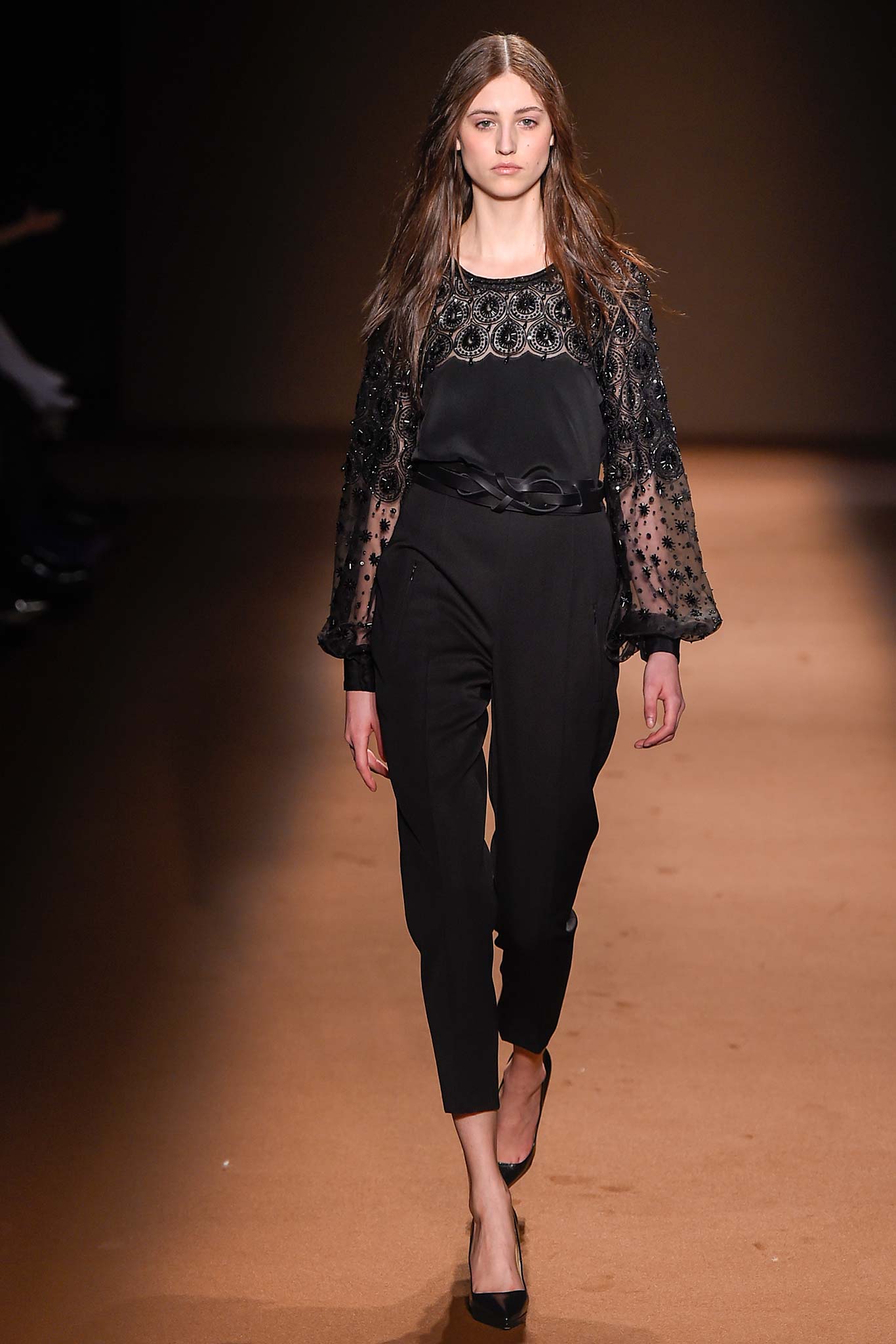 black silk long-sleeve collared fitted embroidered blouse