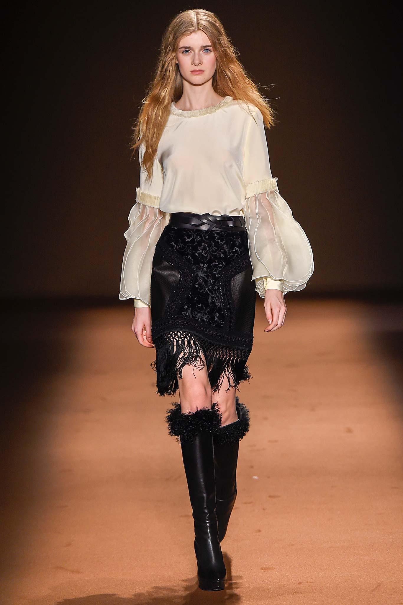 white silk long-sleeve high-neck fitted ruffled blouse