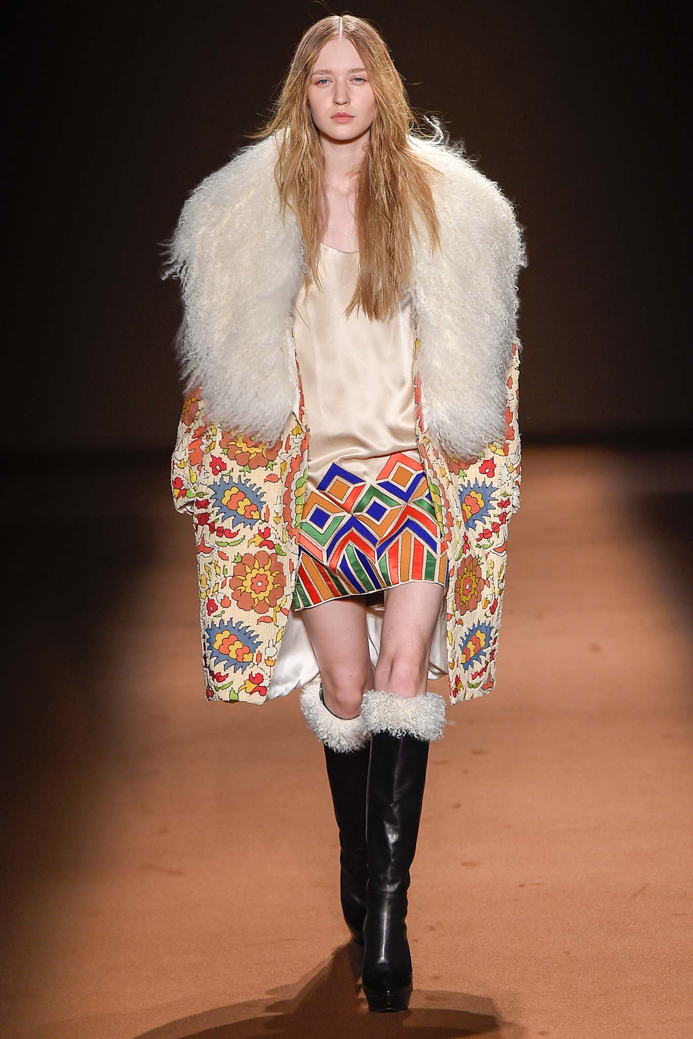 multi fur long-sleeve relaxed embroidered coat