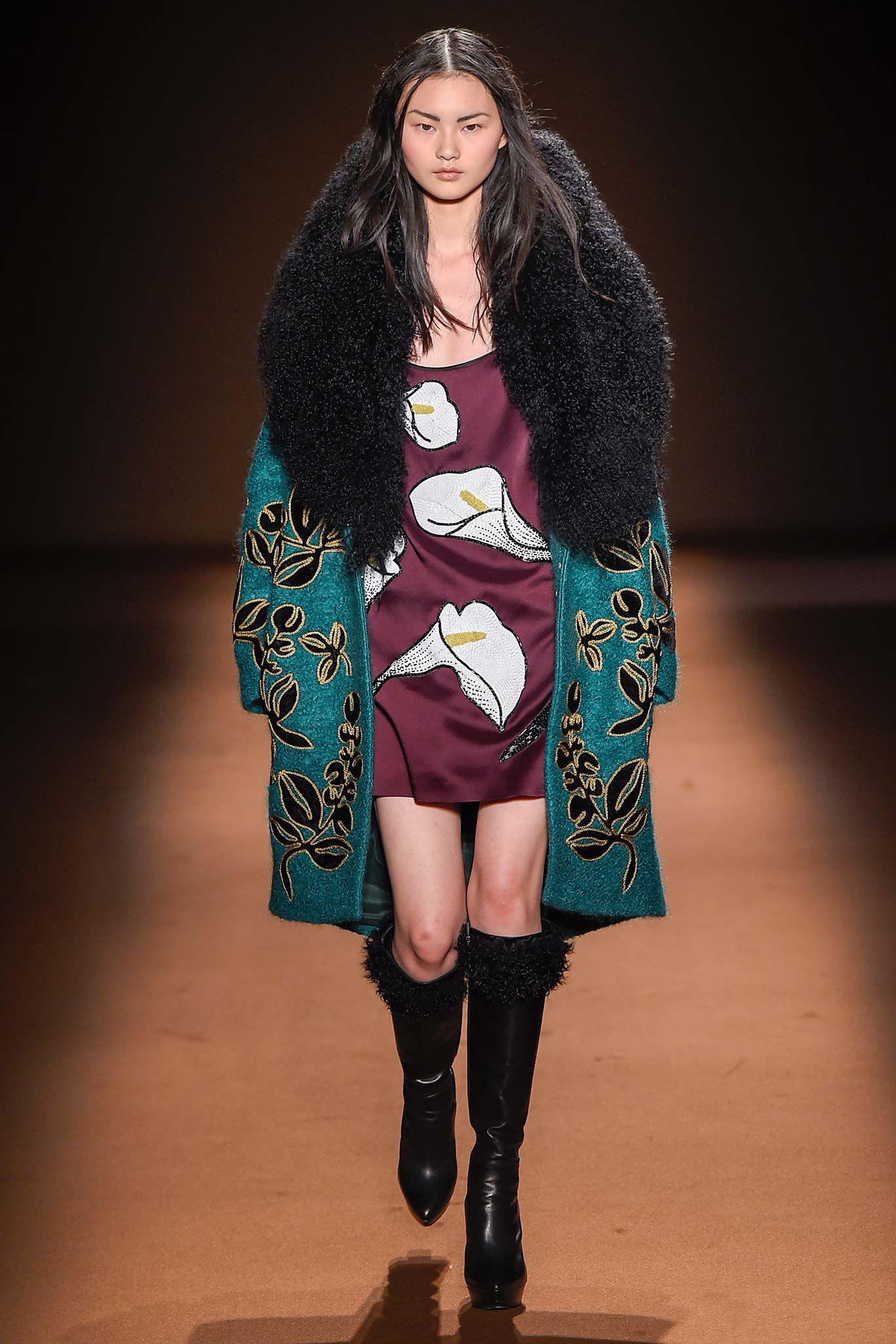 teal faux-fur long-sleeve oversized embroidered coat