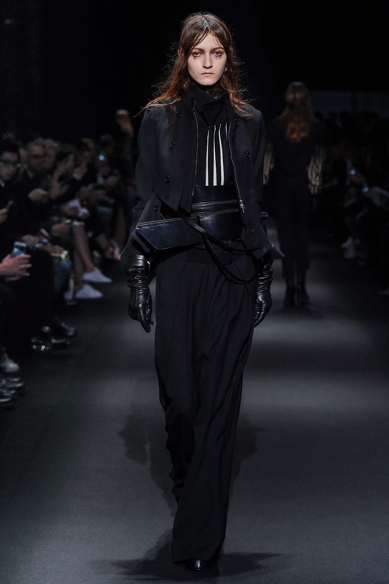 black fitted jacket with wide-leg pants