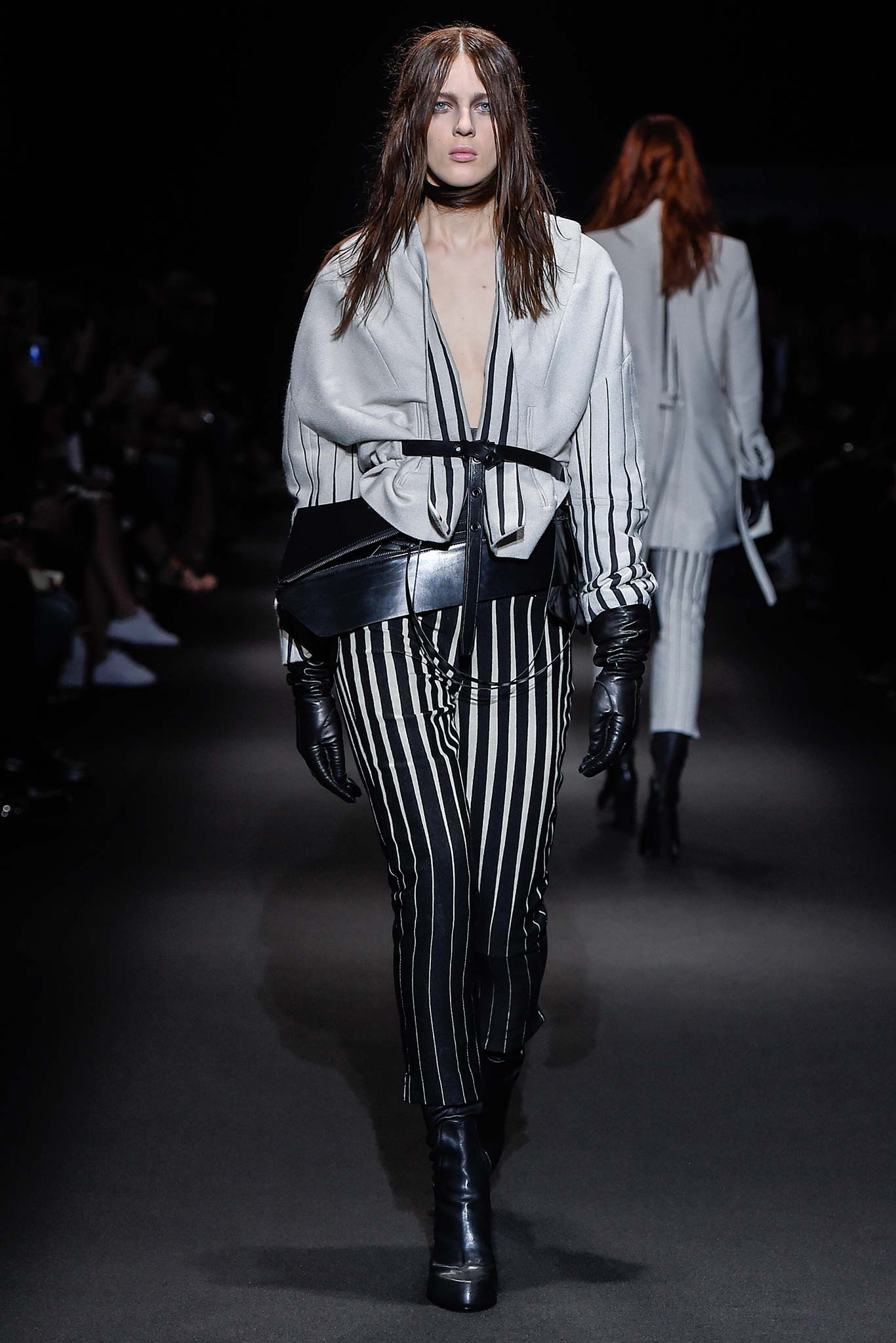 white silk long-sleeve v-neck fitted striped blouse