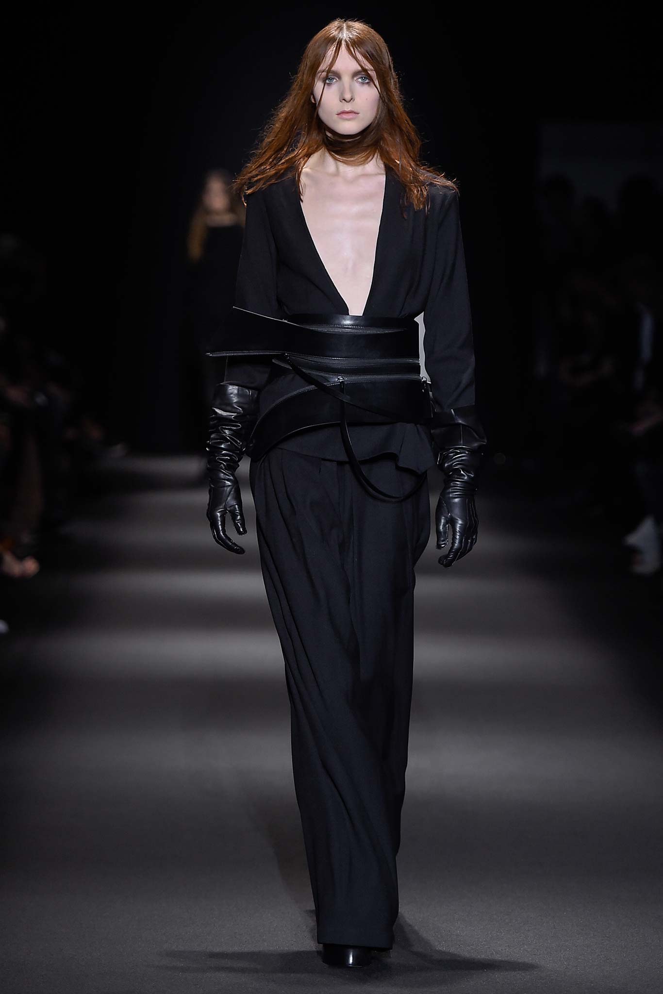 black silk long-sleeve v-neck fitted belted blazer