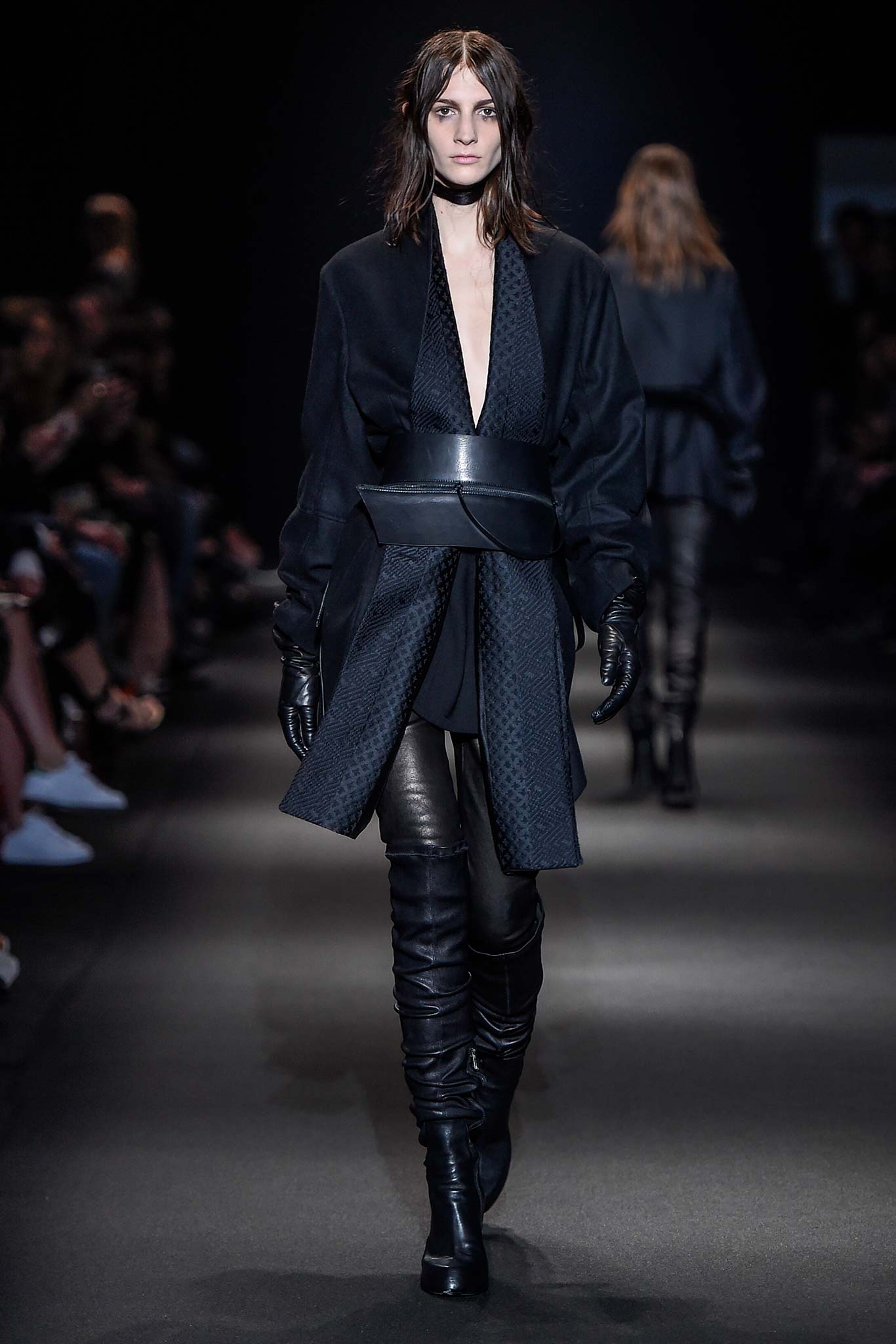 black wool long-sleeve v-neck relaxed belted coat