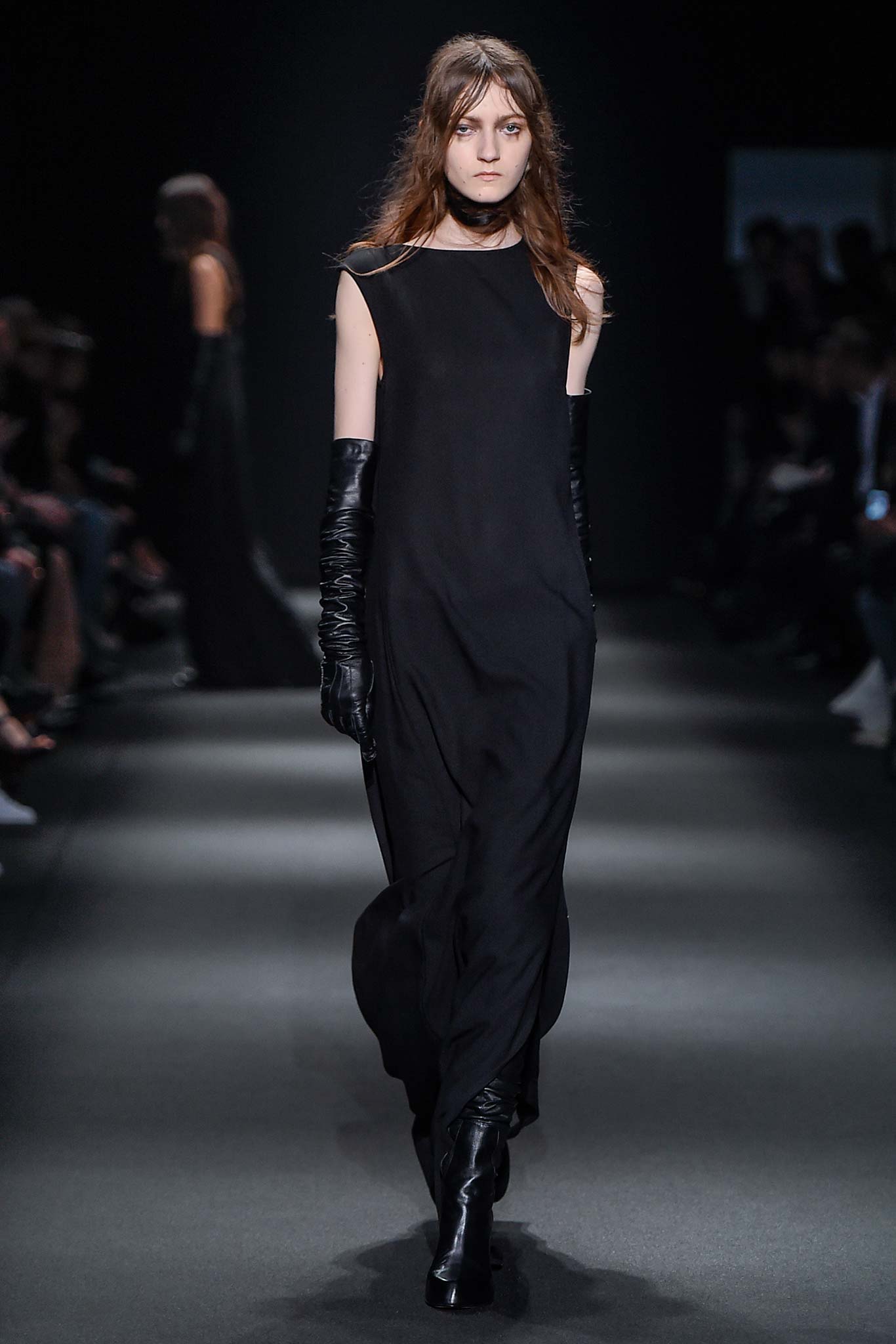 black silk sleeveless high-neck fitted straight-leg flowing dress