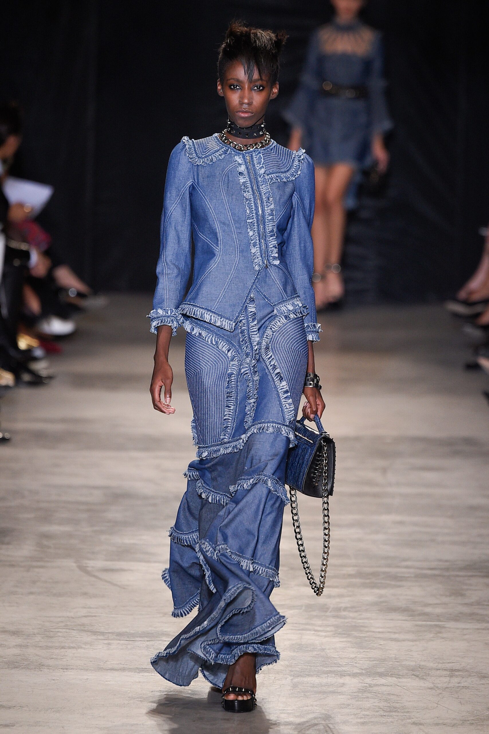 blue denim fitted dress