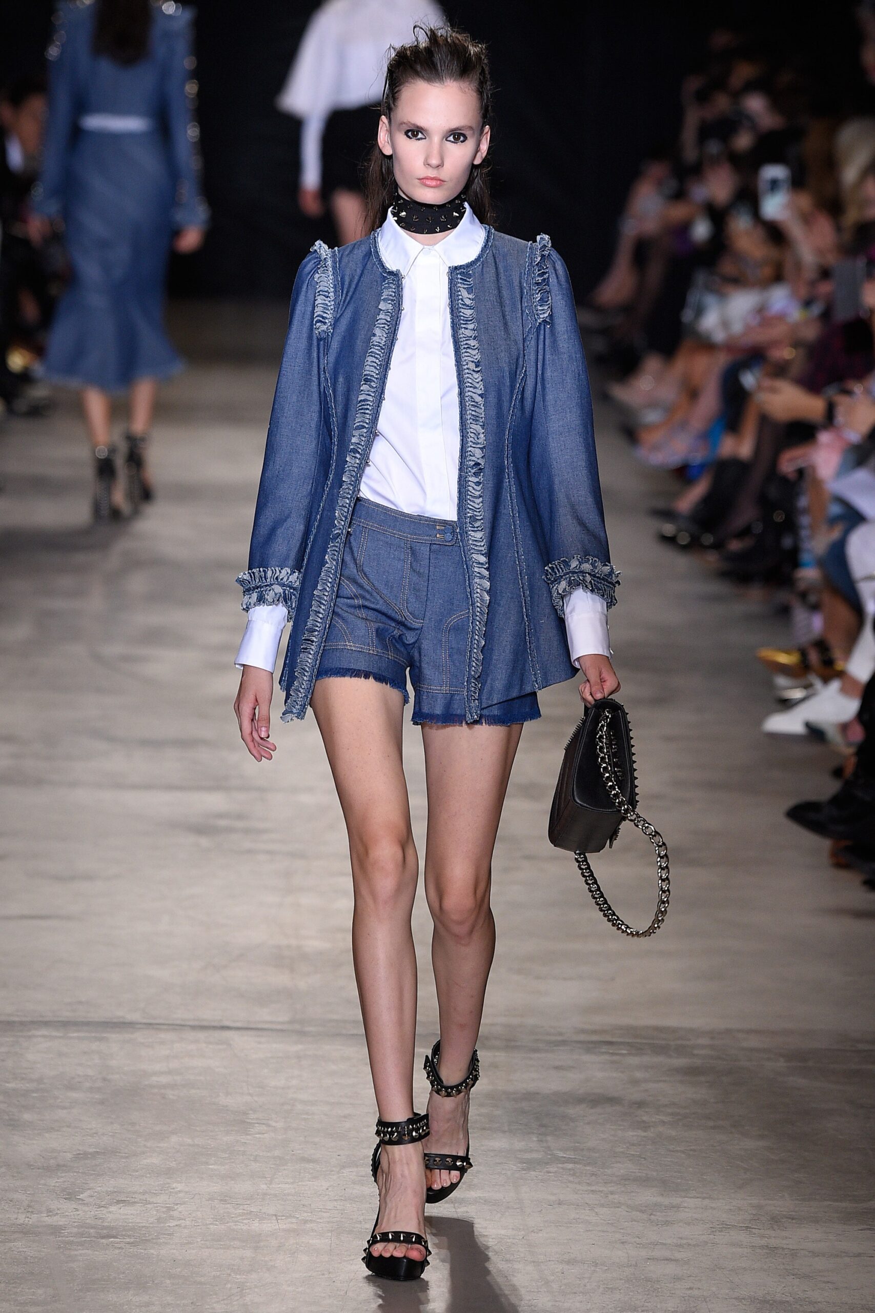 blue denim long-sleeve collared fitted fringed jacket