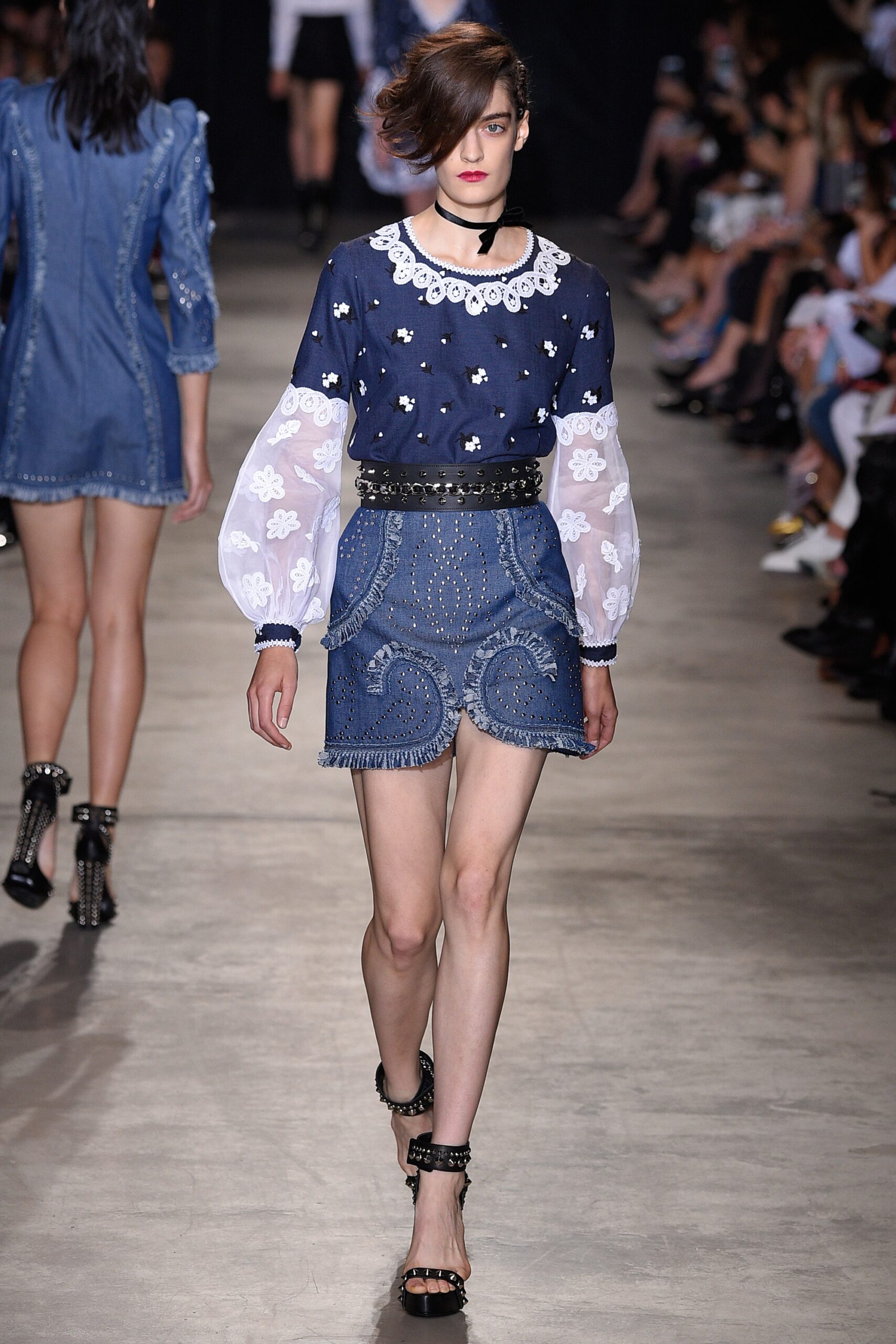 blue denim long-sleeve collared fitted embroidered padded top