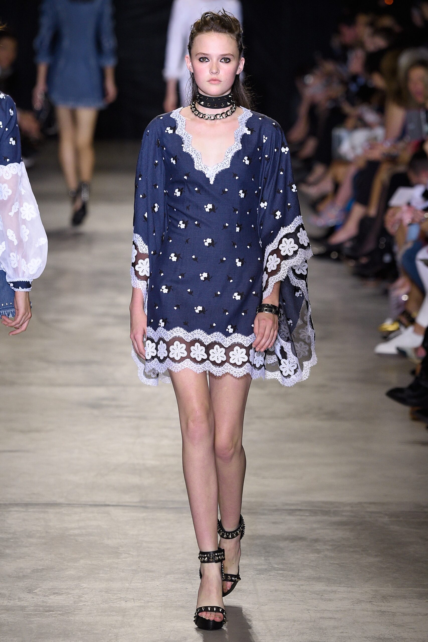 blue and white embroidered mini dress