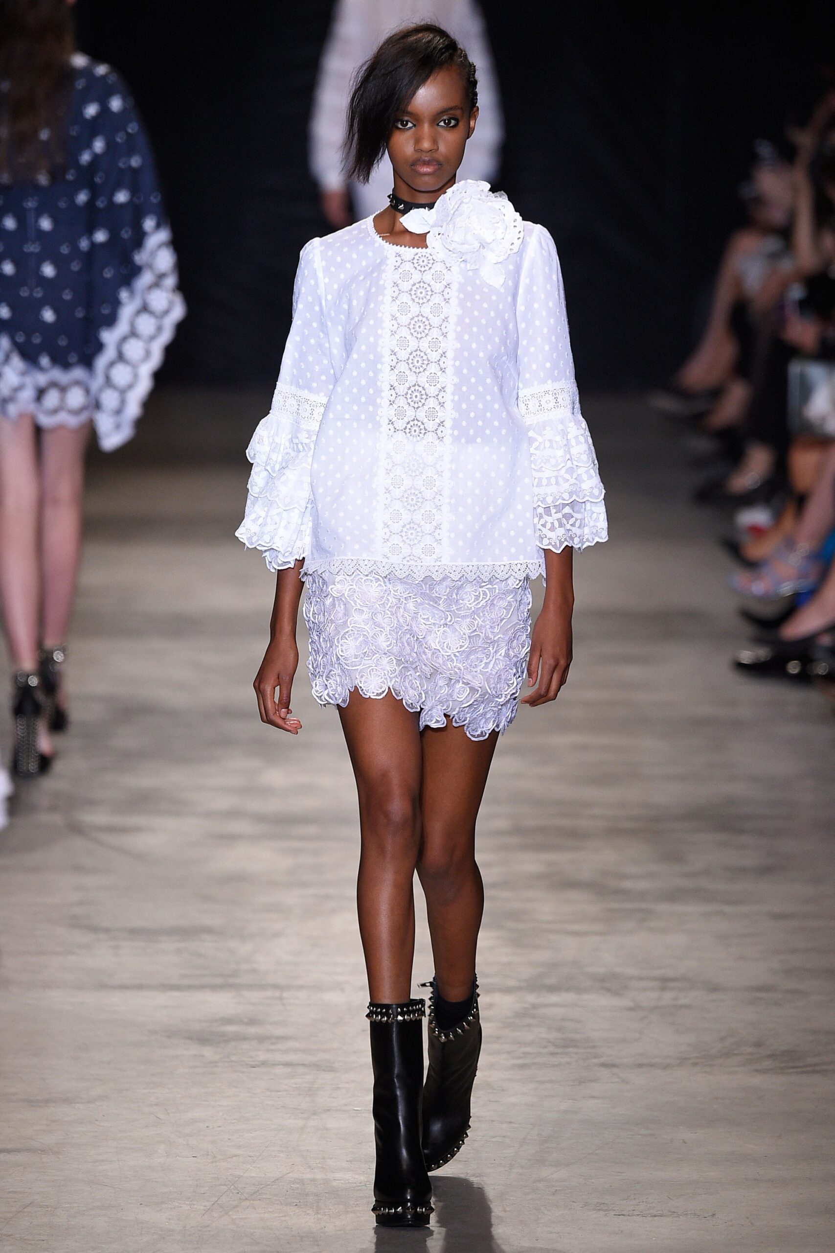 white cotton long-sleeve collared fitted embroidered ruffled dress