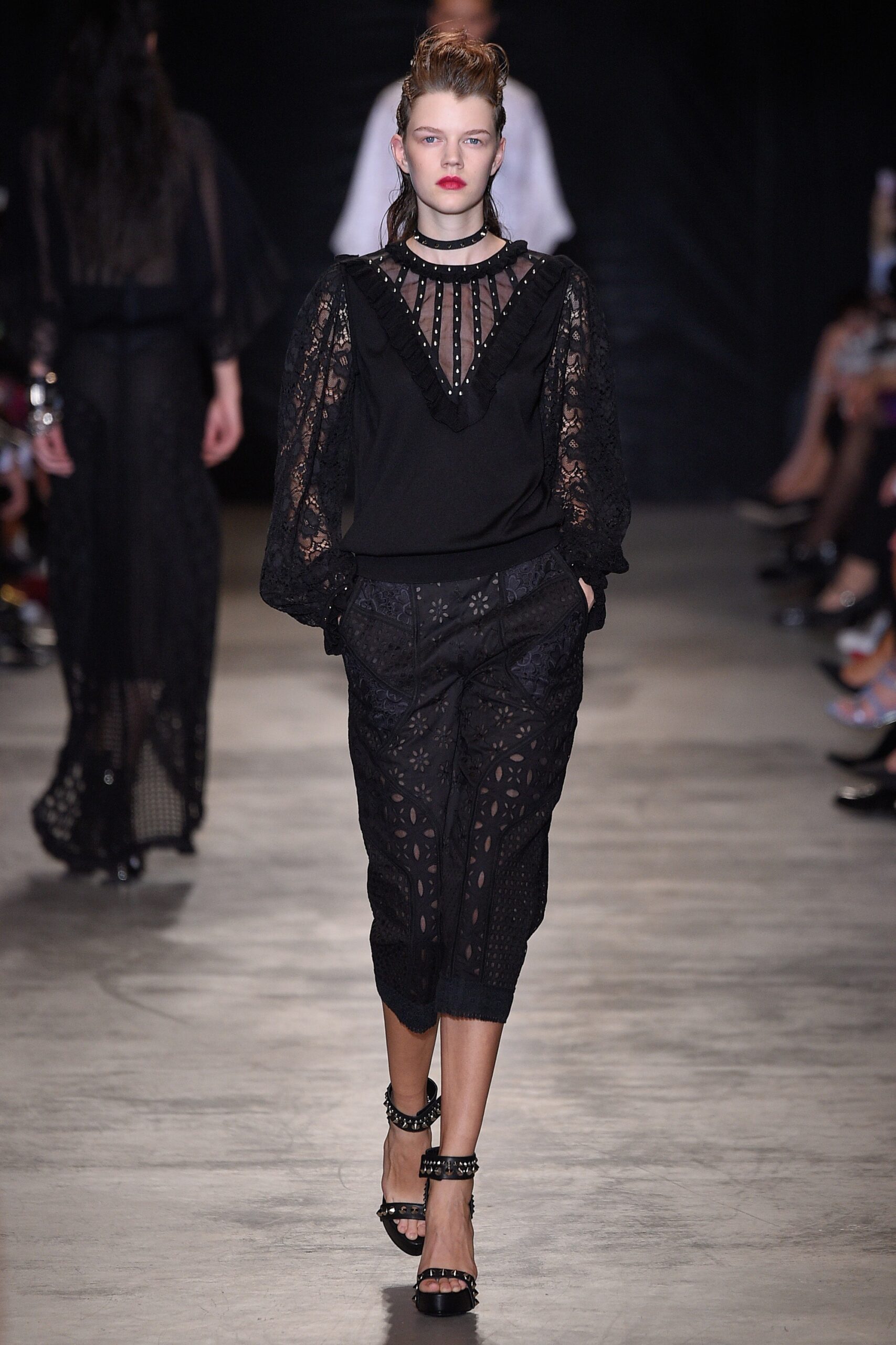 black lace long-sleeve high-neck fitted embroidered blouse