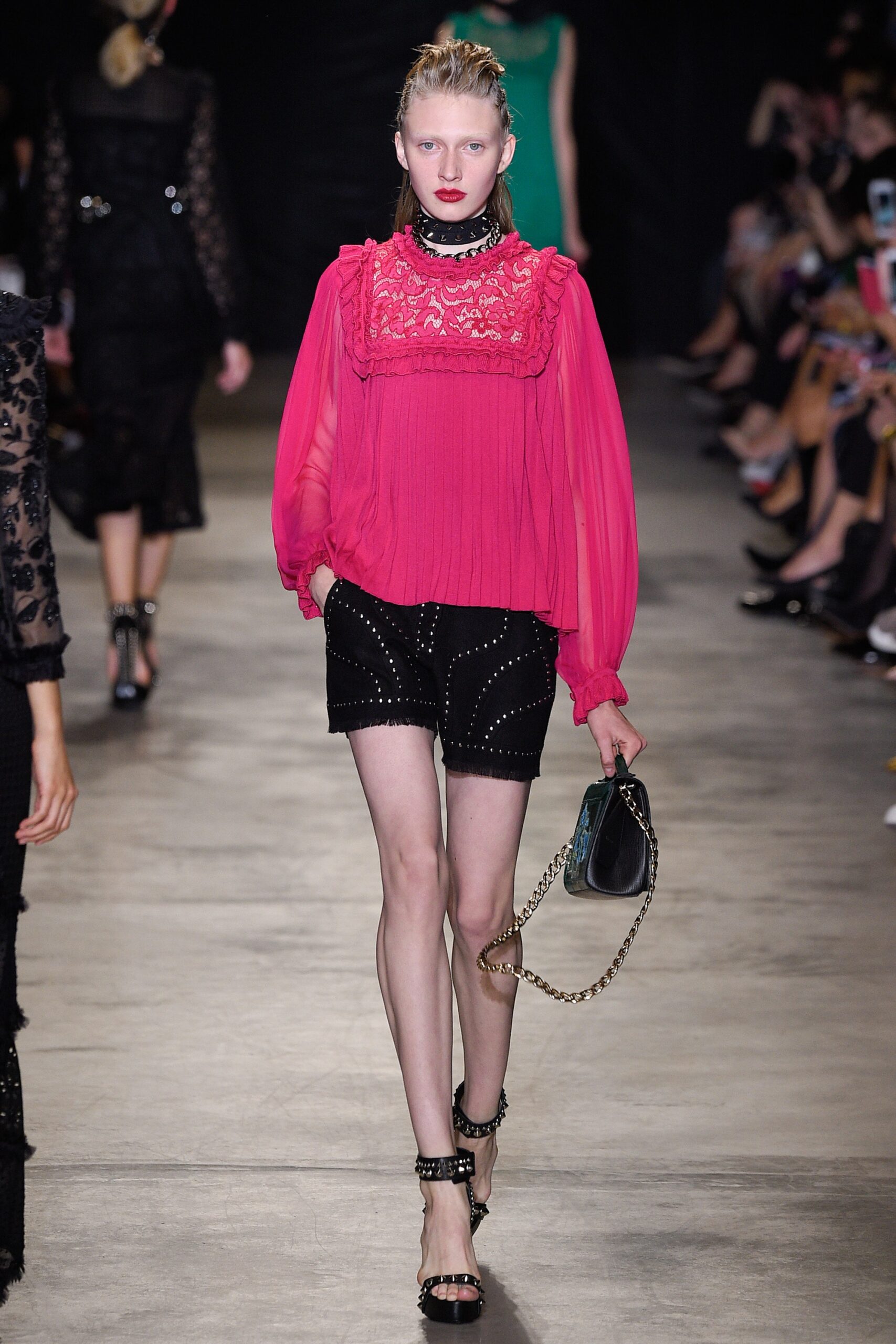 pink silk long-sleeve high-neck fitted ruffled blouse